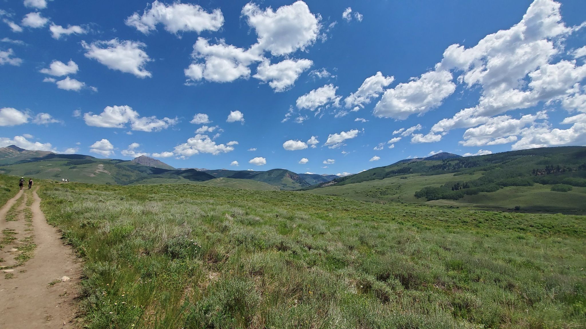 A dirt path winds through green hills under a bright blue sky with clouds. - East River Trail