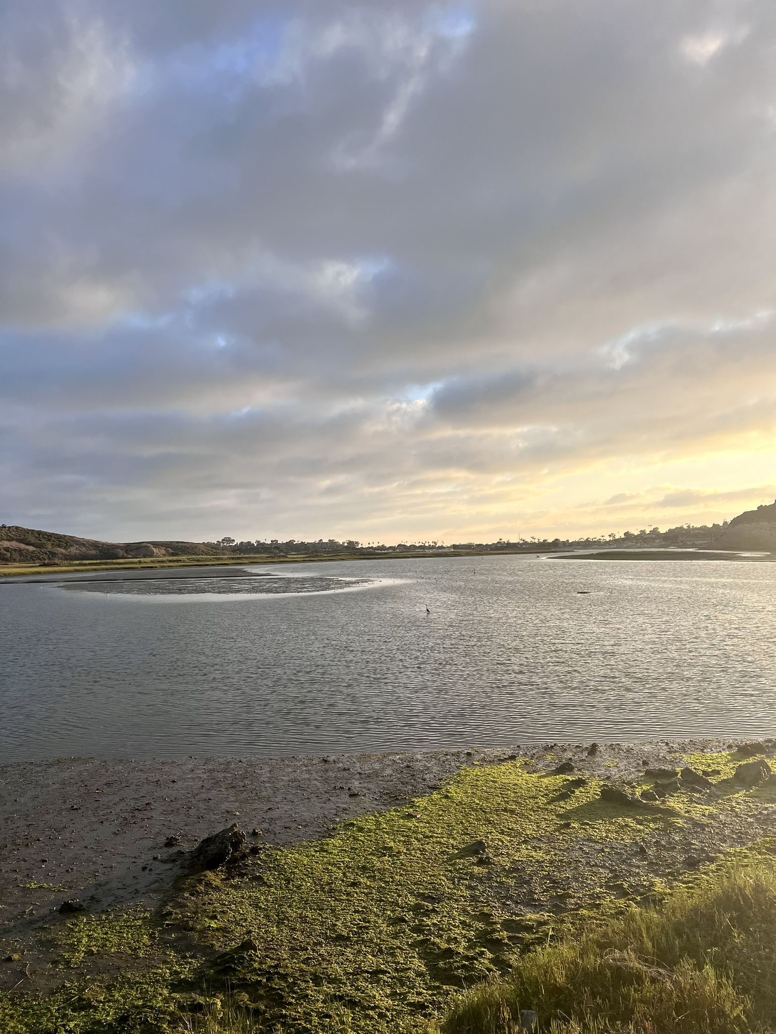 Sunset over a calm body of water with green mossy banks and cloudy sky. - Back Bay Drive – Upper Newport Bay Trail loop from Fashion Island