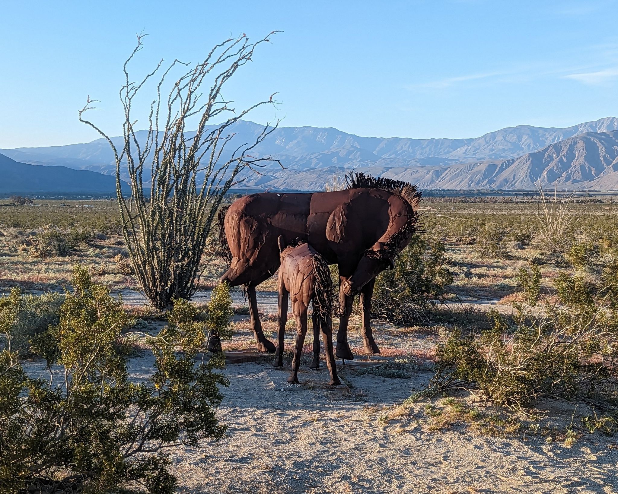 Metal sculpture of a mare and foal in a sunny desert with mountains. - Sculptures Walk – Anza Borrego State Park