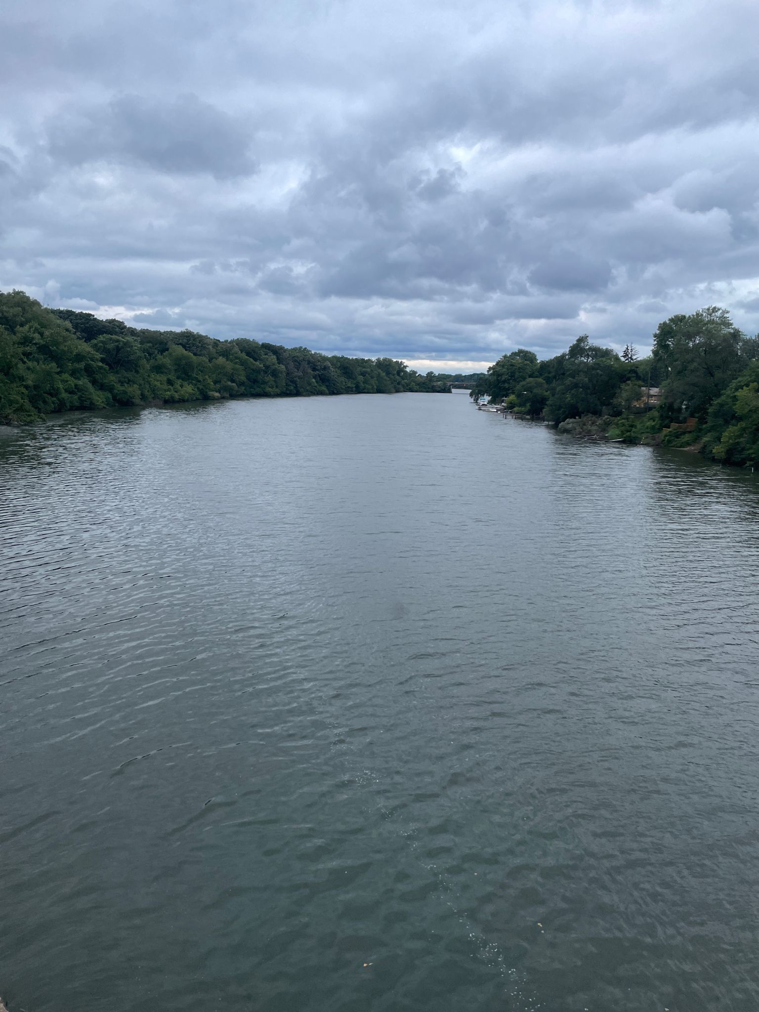 Wide river with tree-lined banks under a cloudy sky. - Major Taylor Trail – Whistler Woods loop from 99th Street (Beverly Hills)