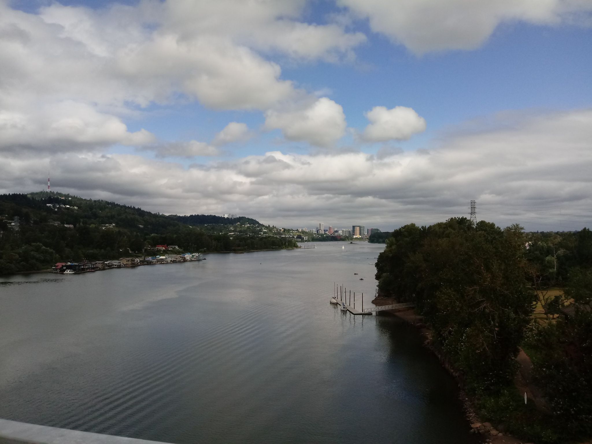 Wide river under a partly cloudy sky with forested banks. - Sellwood Bridge – Butterfly Park Naturescape loop from Milwaukie