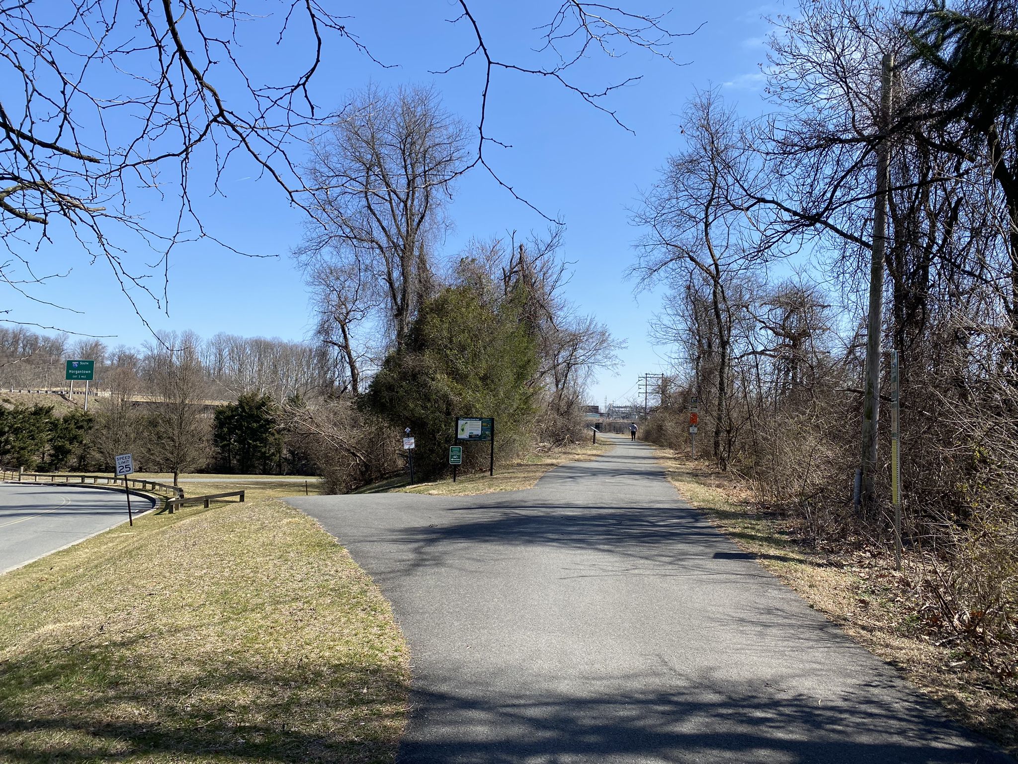 Paved path diverging from a road under a clear blue sky. Bare trees line the path. - Angelica Creek Trail