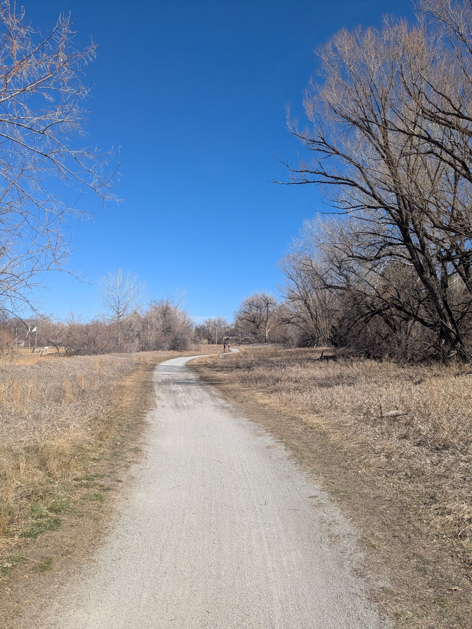 Gravel path through dry fields and bare trees under blue sky. - LOBO and East Boulder Trail Loop