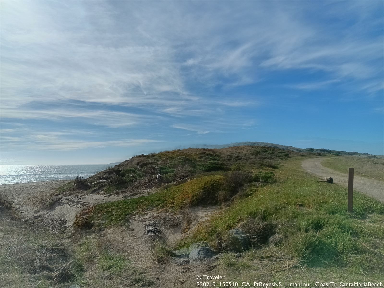 Grassy dune next to a dirt road, overlooking the ocean under a bright sky. - Sky, Woodward Valley, Coast, Laguna and Bayview Trail Loop