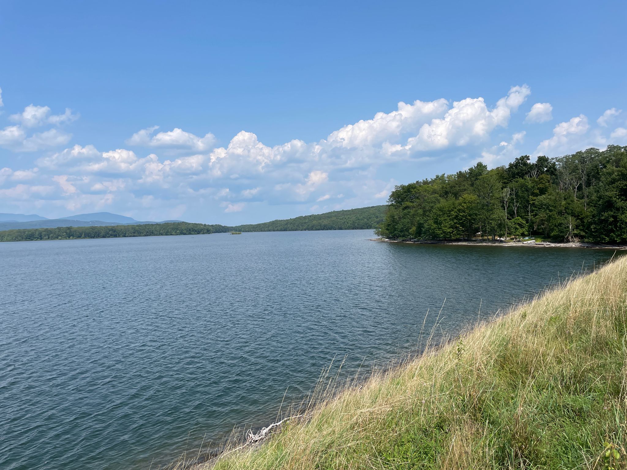 Expansive lake with green forested banks and distant mountains under a partly cloudy sky. - Small Ashokan Gorge – Ashokan Reservoir loop from Napanoch