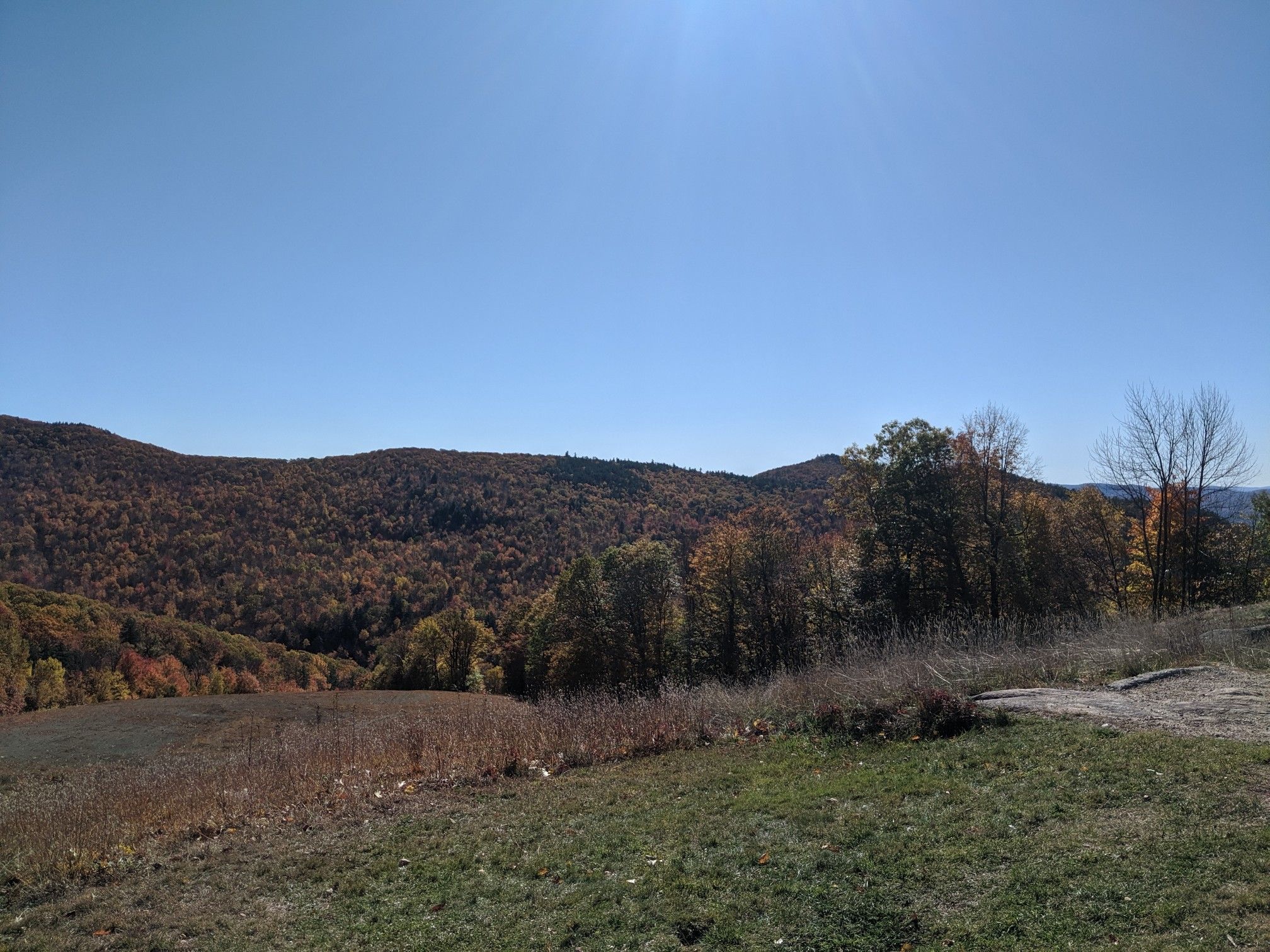 Panoramic view of forested mountains with autumn colors under a clear sky. - Surf's Up Trail
