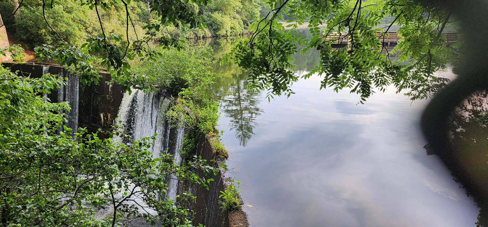 A waterfall cascading into a calm river, surrounded by vibrant green trees. - Bent Creek Experimental Forest – Lake Powhatan loop from Malvern Hills