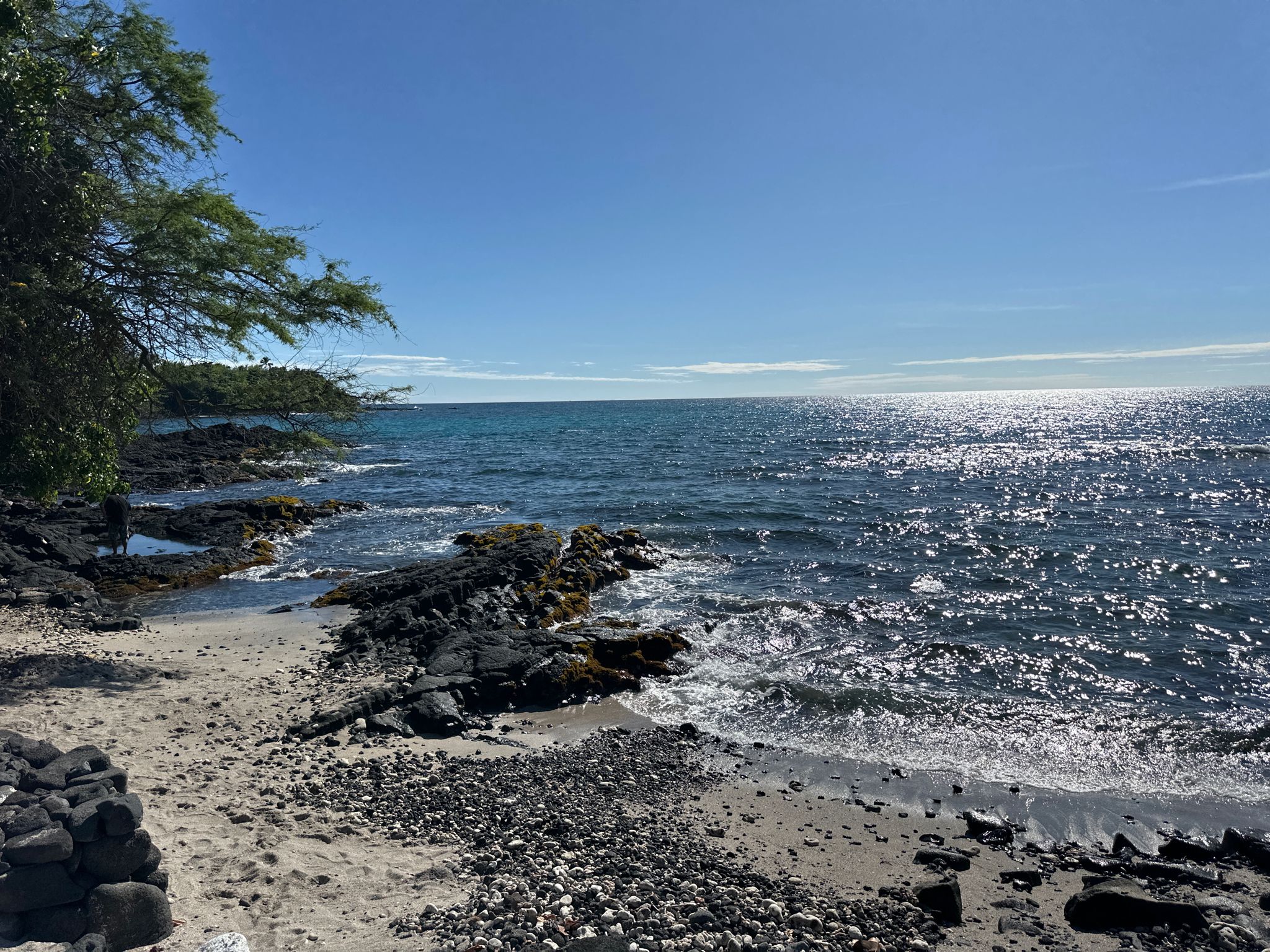 Sunny rocky beach with sparkling blue ocean and green foliage. - Keauhou to Lava Tube