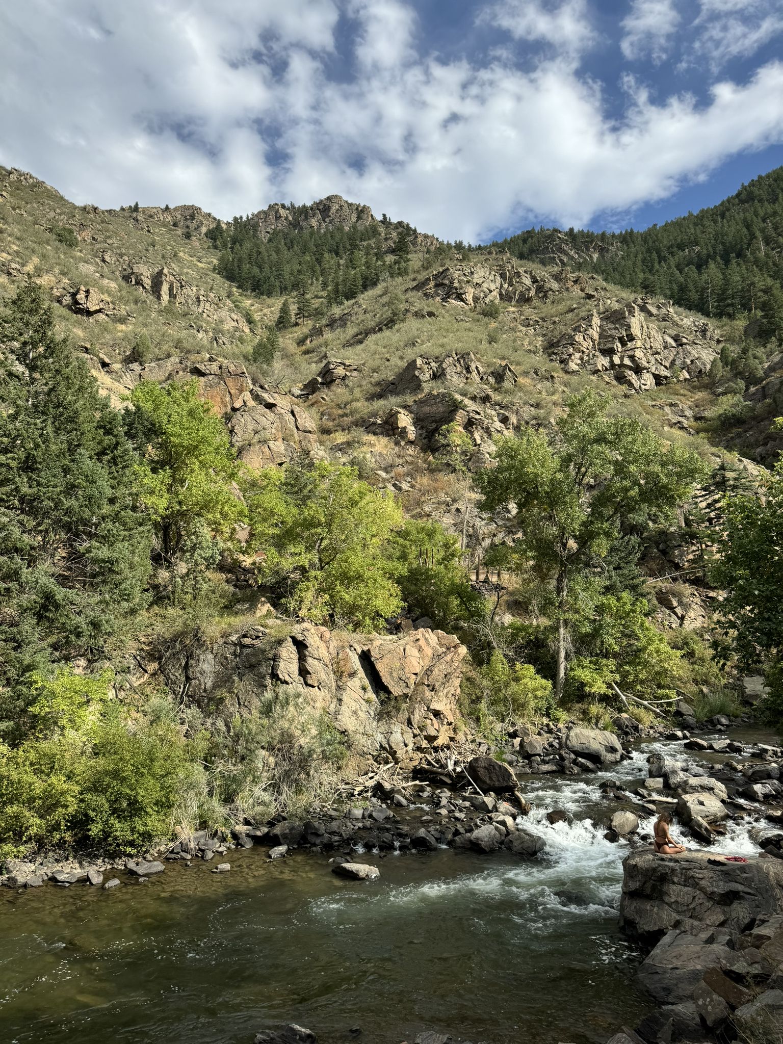 Rushing river in a rocky canyon with green trees and steep mountains. - Clear Creek Trail