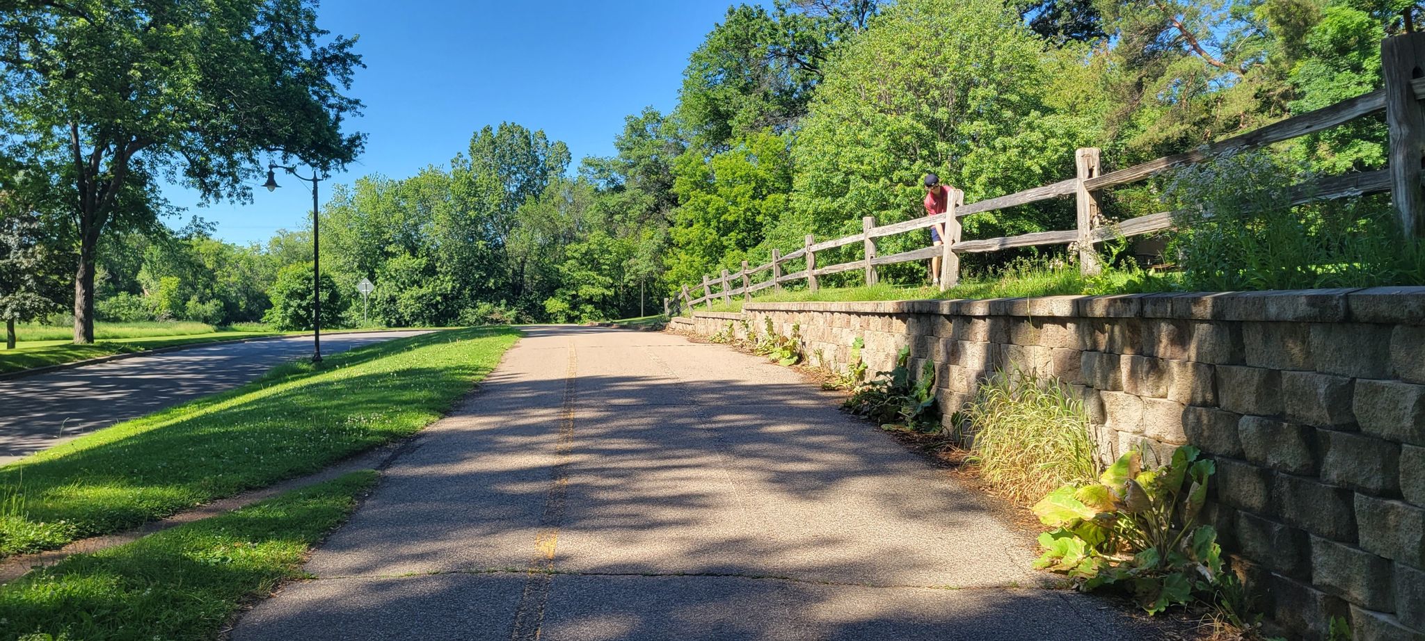 A paved path runs beside a stone wall and wooden fence on a sunny day. - Theodore Wirth Park Loop