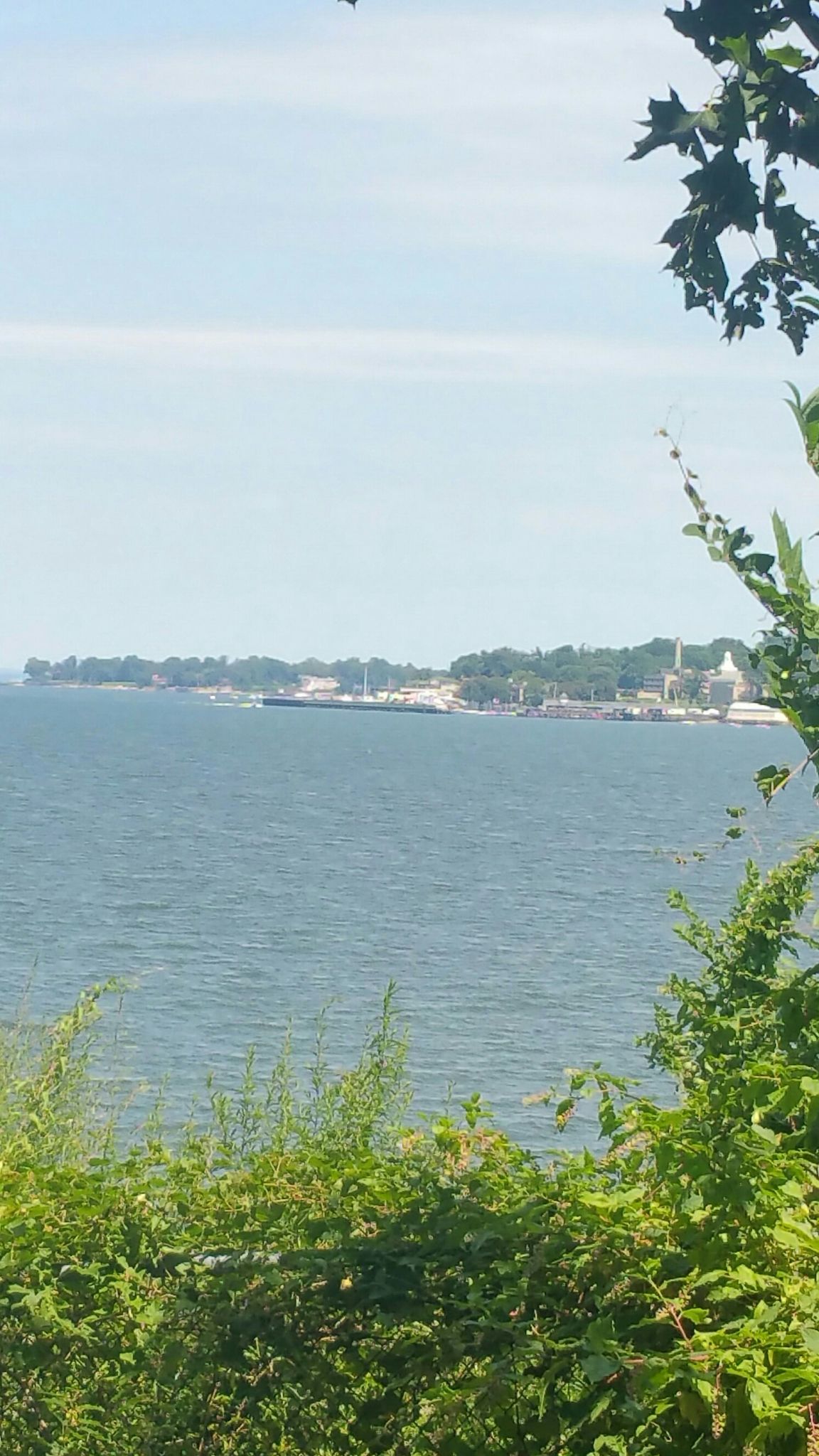 Bright view of a wide body of water with distant shore and green foliage. - Little Bay and Fort Totten Loop