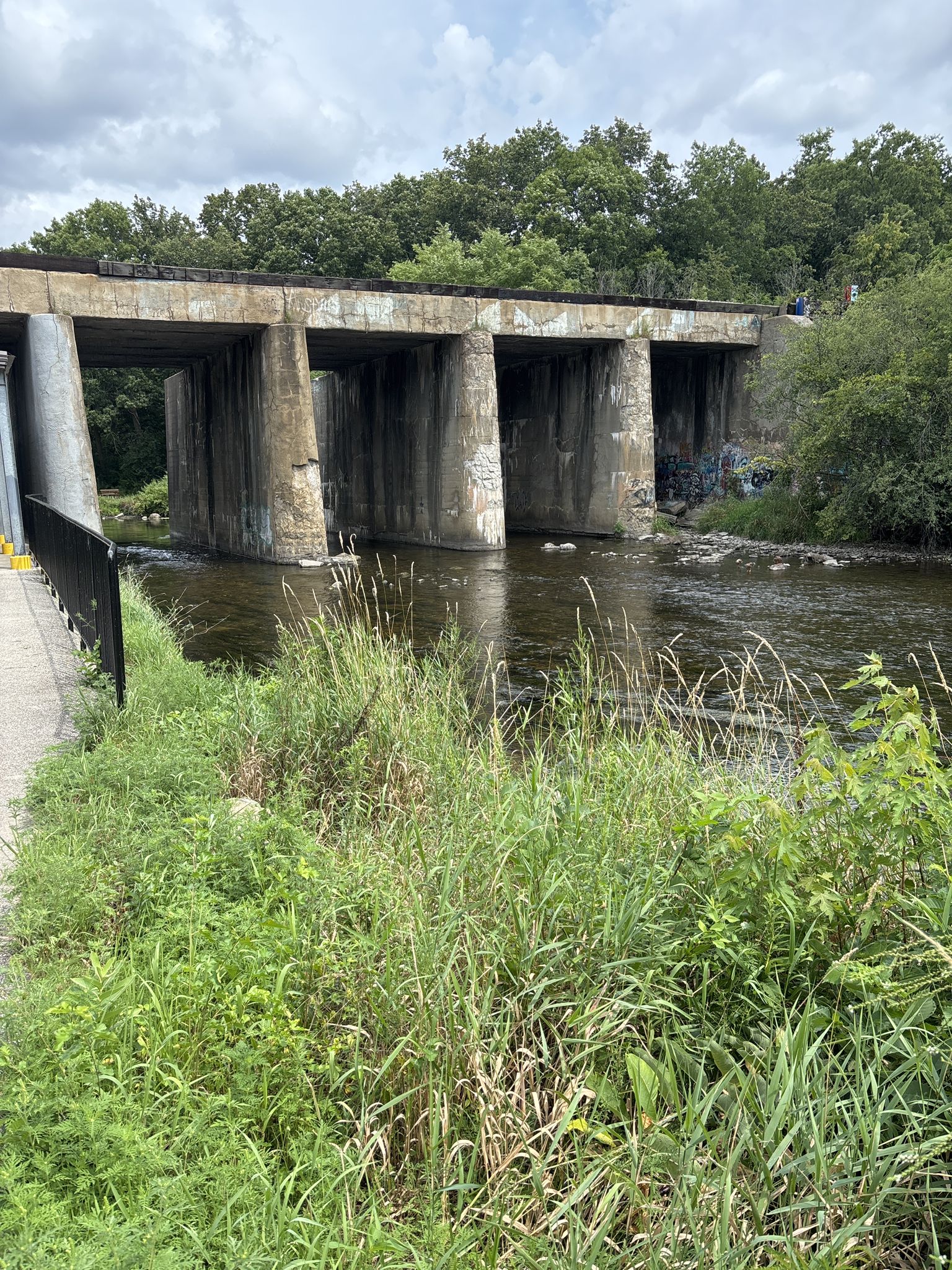 Concrete bridge spanning a river with lush green banks under cloudy sky. - West Branch DuPage River Trail Loop