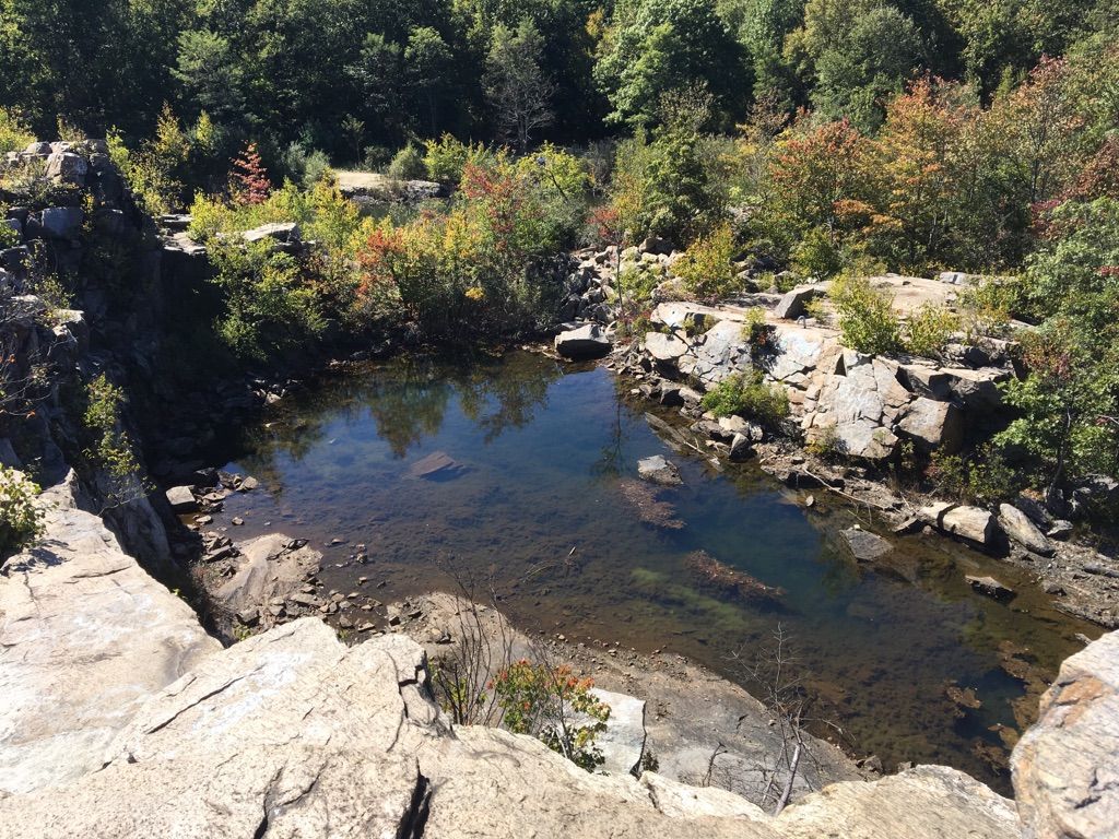 A clear pool of water surrounded by rocky cliffs and green trees. - History Loop