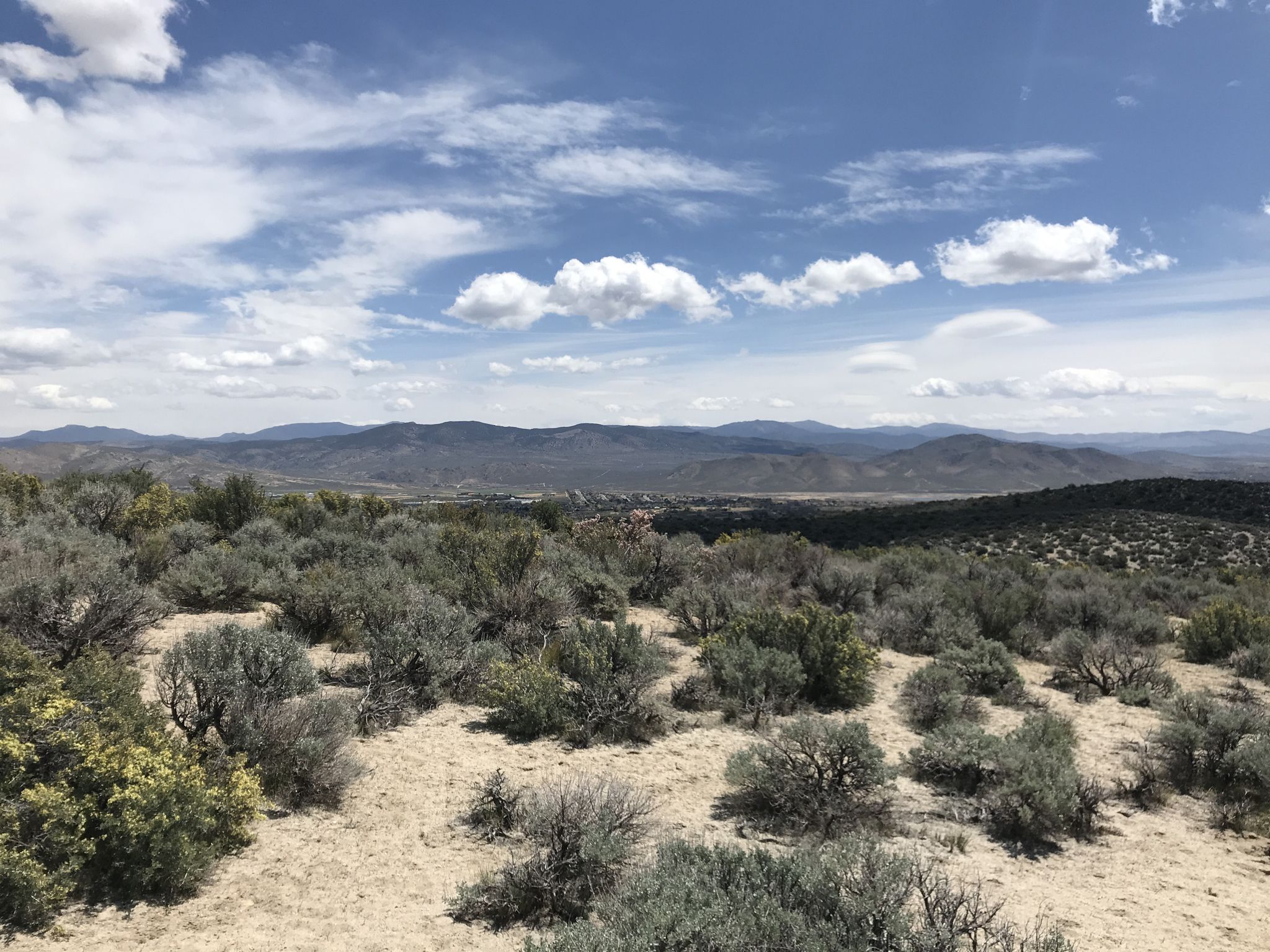 Vast arid landscape with sagebrush and distant mountains under a cloudy sky. - Clear Creek Trail loop from Indian Hills