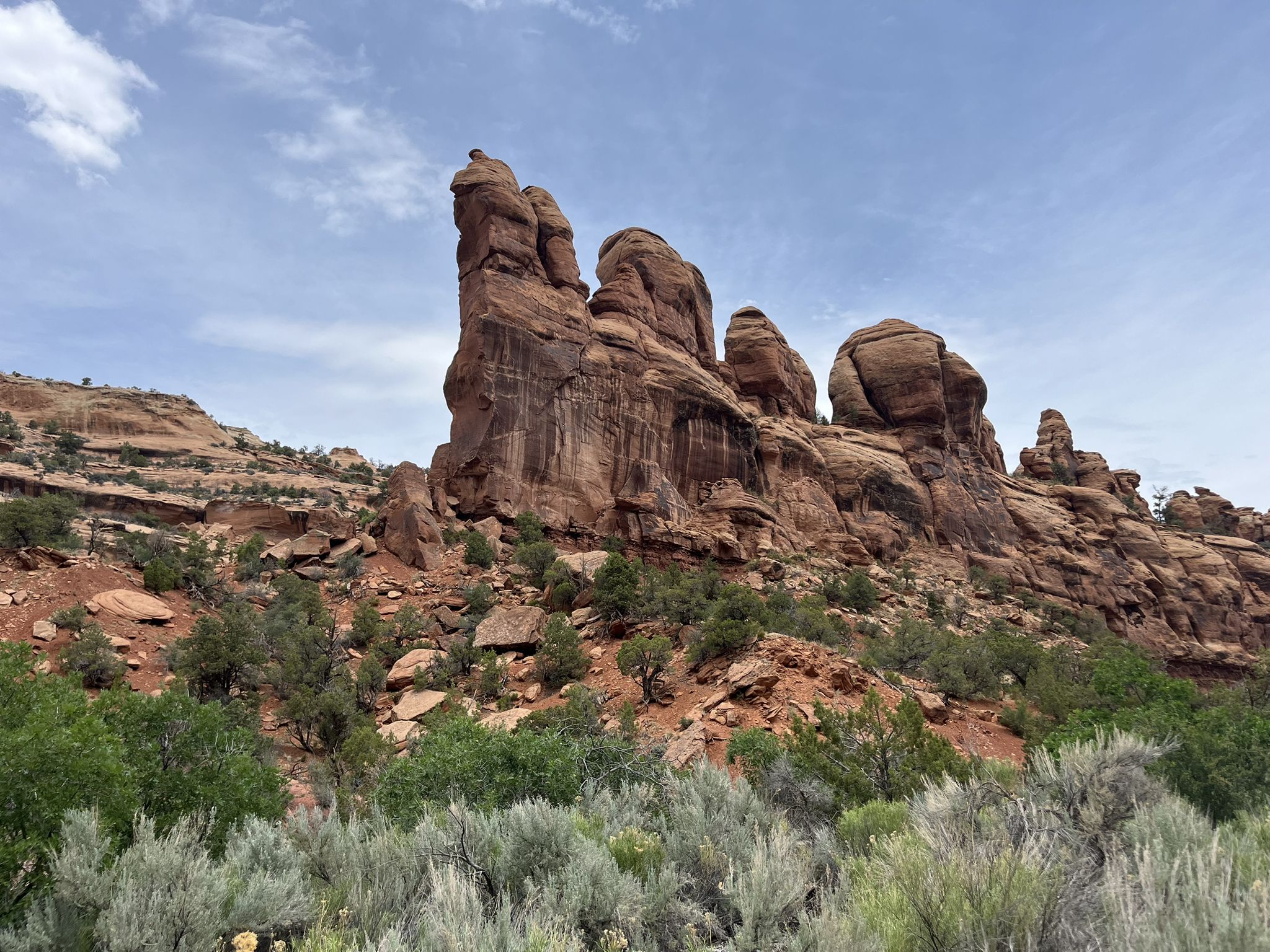 Towering red rock formations above green and gray desert vegetation. - Mica Mines Trail