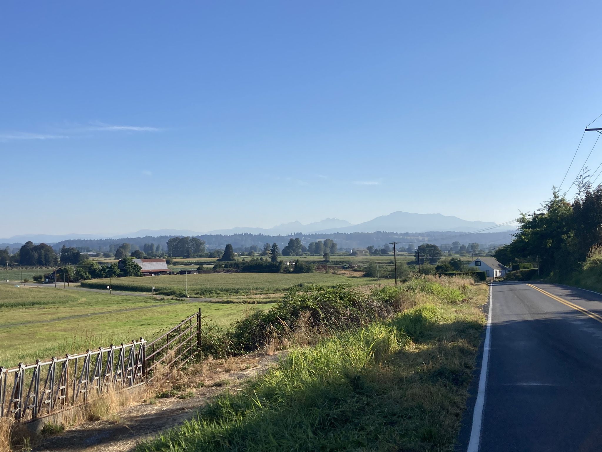 Sunny rural road next to green fields with distant mountains under clear sky. - Lowell Snohomish River Road – Lowell Larimer Road loop from Snohomish