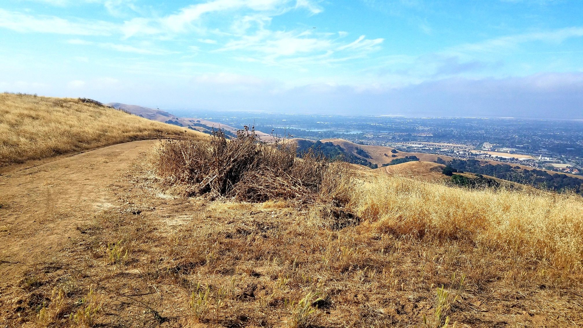 Sunny view of dry rolling hills overlooking a distant city. - High Ridge Loop Trail