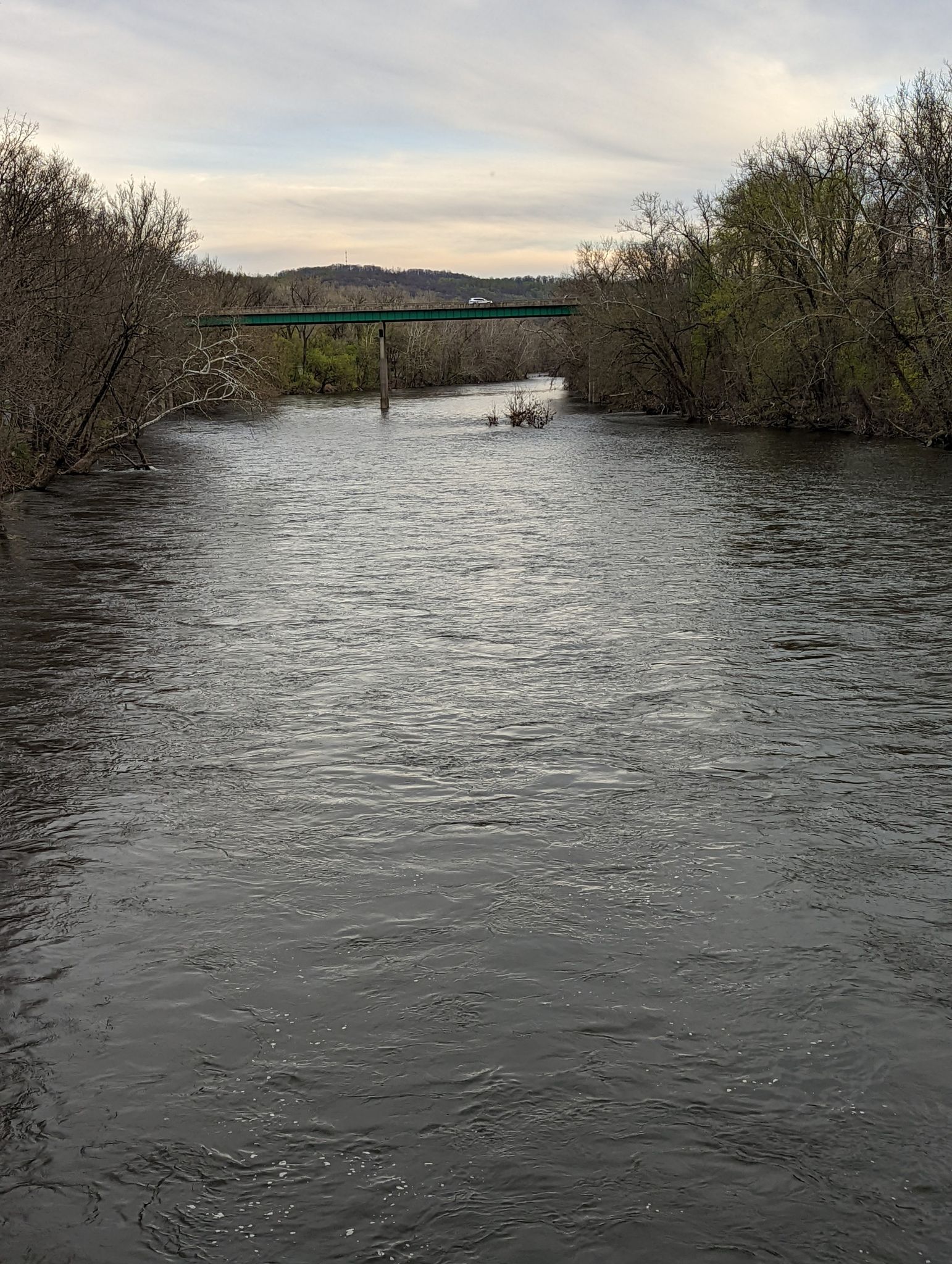 A wide river flows under a distant green bridge on a cloudy day. - Laubach Island – Delaware Canal State Park loop from Bethlehem
