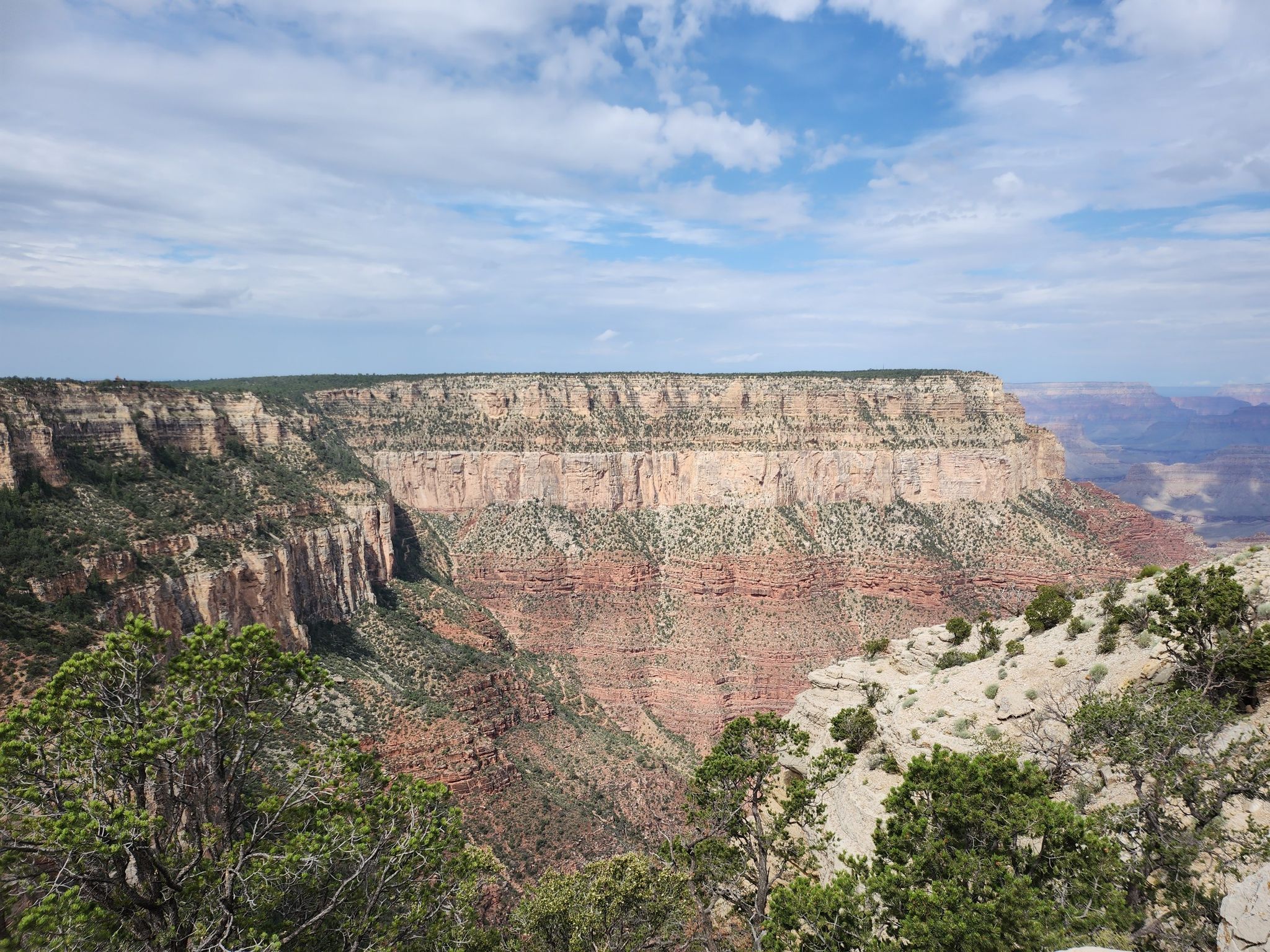 Panoramic view of a deep canyon with layered rock walls under a cloudy sky. - Bright Angel Trailhead – 1.5-Mile Resthouse loop from Grand Canyon