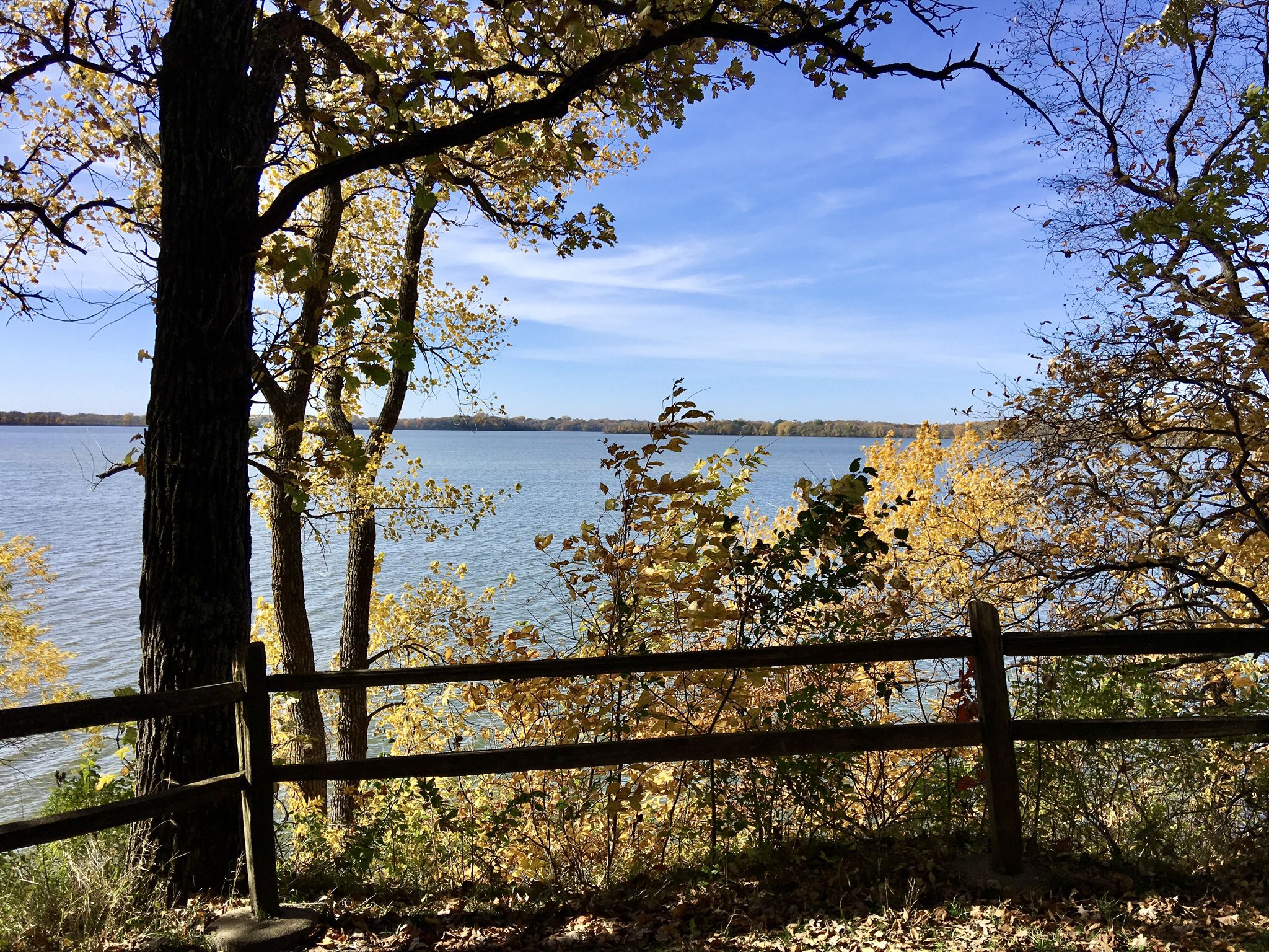 Lake view through autumn trees and a wooden fence on a bright, sunny day. - Picnic Shelter – Picnic Shelter Parking Lot loop from Albert Lea Township