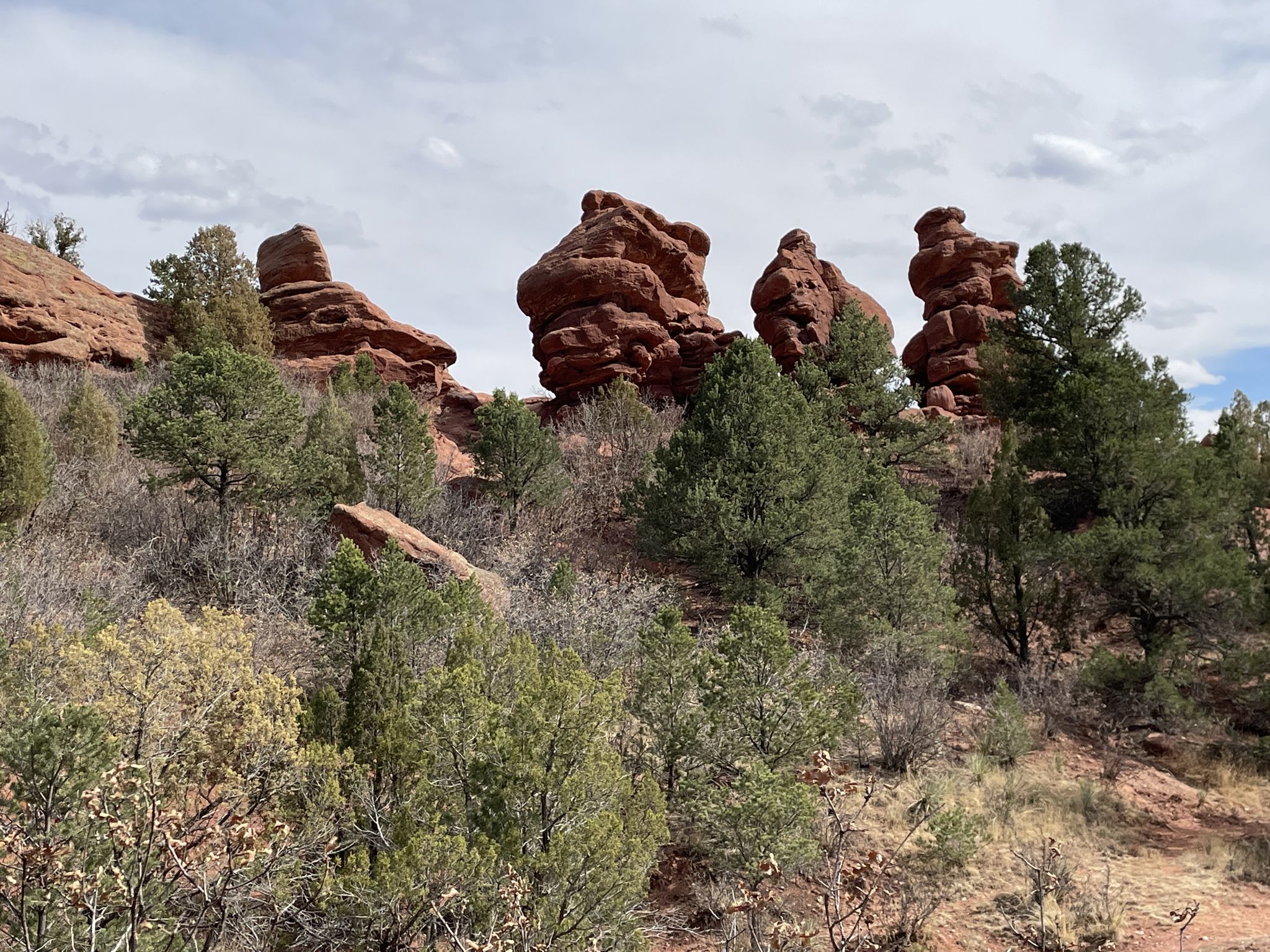 Red rock formations rise above green trees under an overcast sky. - Siamese Twins Trail