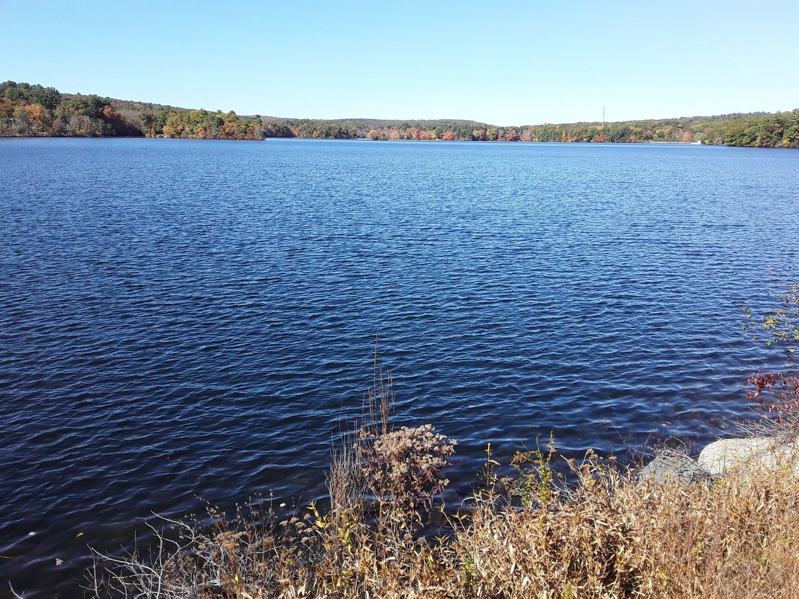 Wide blue lake surrounded by autumn trees under a clear sky. - Rhode Island Loop