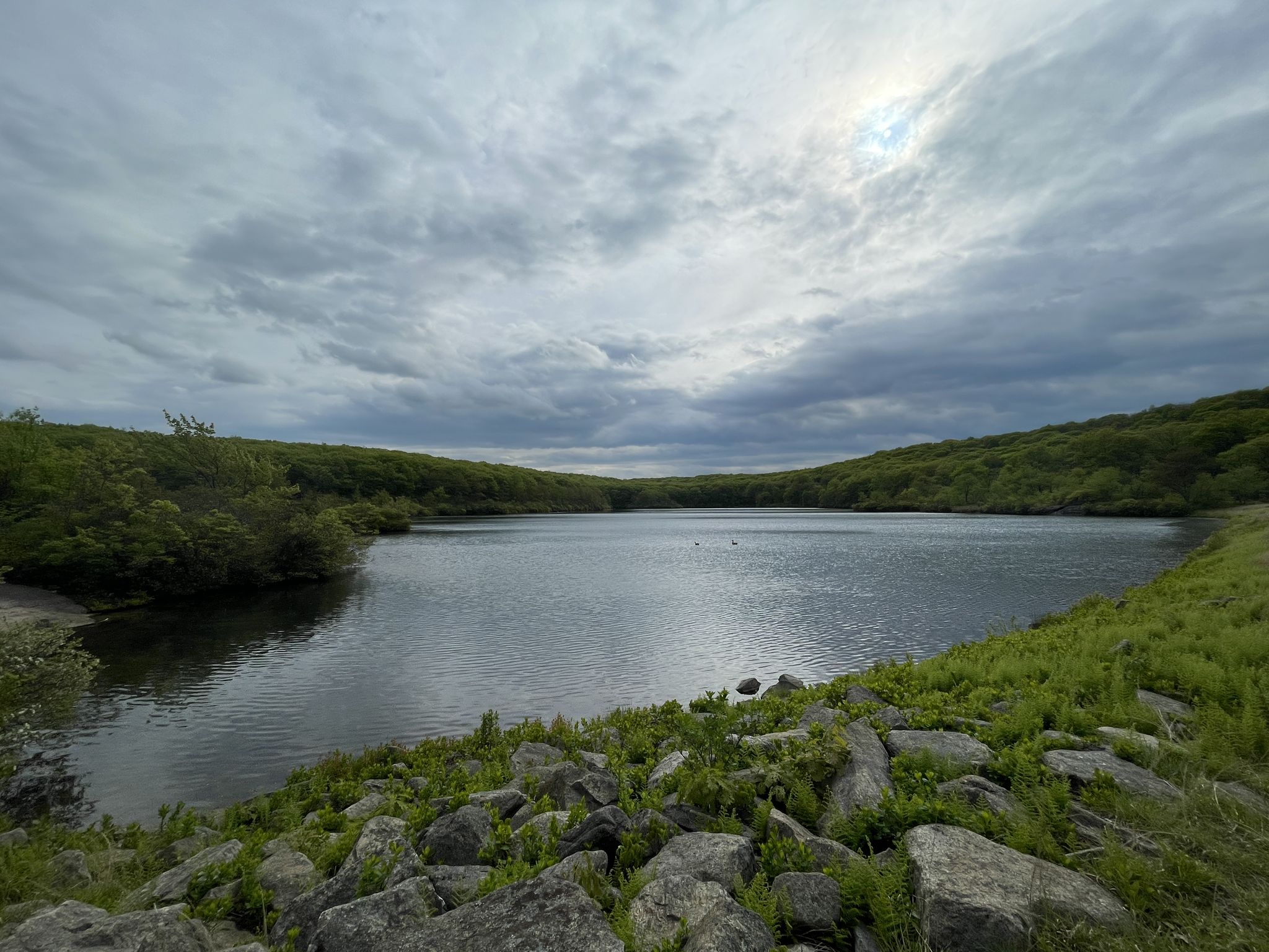 A wide lake with rocky shores and green hills under a cloudy sky. - Long Path, Suffern-Bear Mountain Trail, and Woodtown Road Loop