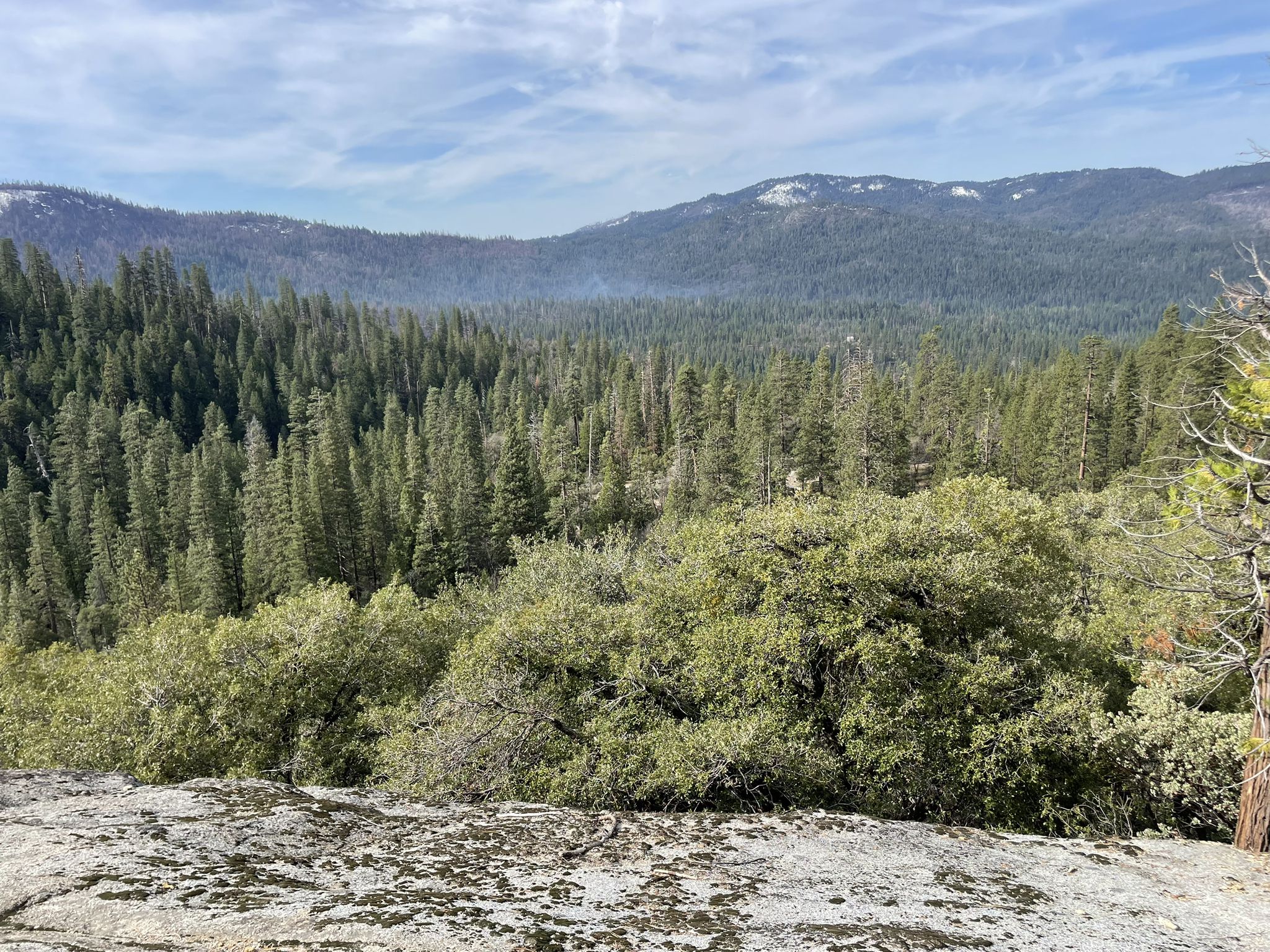 A vast evergreen forest fills a valley under a bright, cloudy sky. - Chilnualna Falls Trail