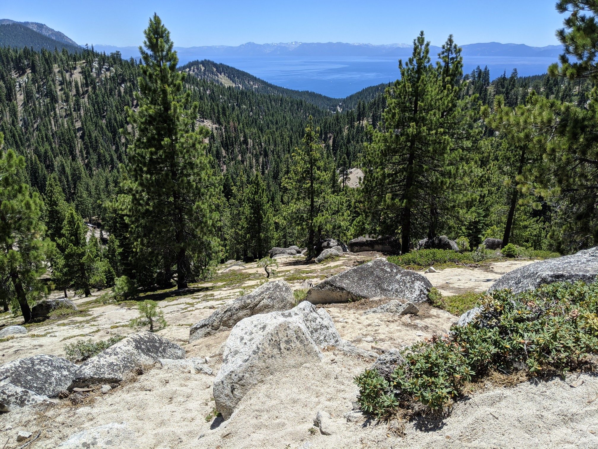 Sunny view of a forested hillside with large rocks and a distant blue lake. - Tyrolean Downhill and Incline Flume Loop