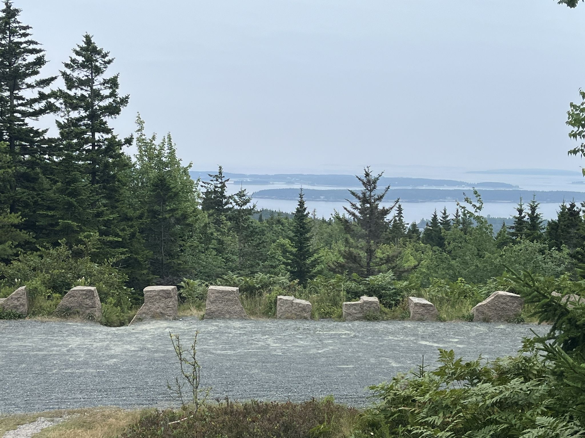 Overcast view of evergreen forest, rocky barrier, and distant water with islands. - Day Mountain Loop