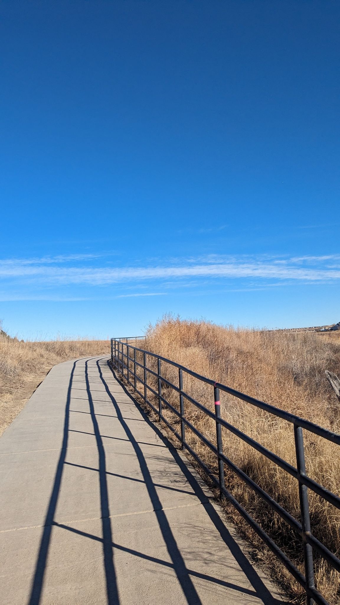 A paved path with a railing casts long shadows under a clear blue sky. - Coal Creek Trail
