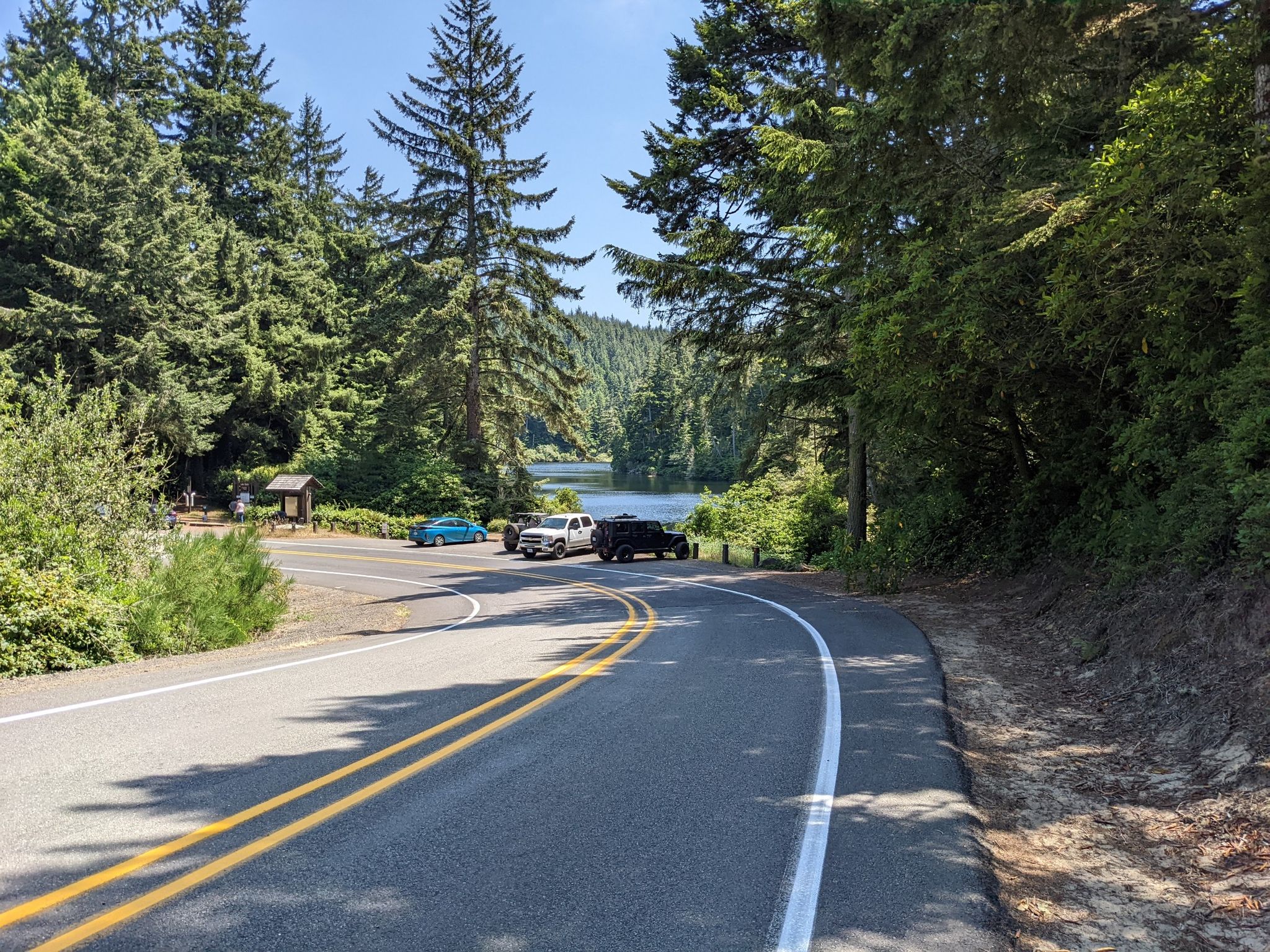 Sunny road curving through a forest with parked cars and a distant lake. - Lake Marie Trail