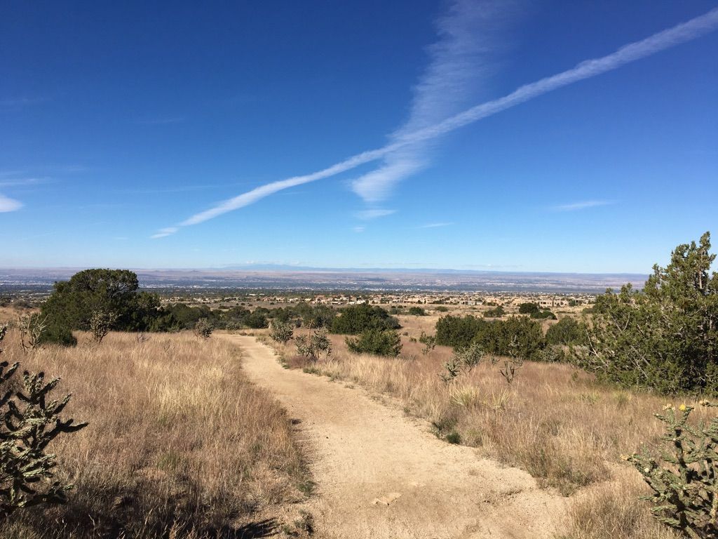 A dirt path winds through dry grassy hills towards a distant city. - Michael M Emery Primitive and Trail 305A Loop
