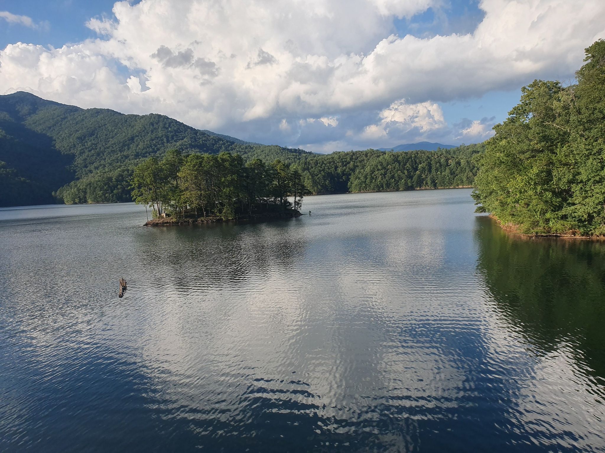 A lake with a small island, surrounded by green forested mountains under a cloudy sky. - Shuckstack Fire Tower via Appalachian Trail