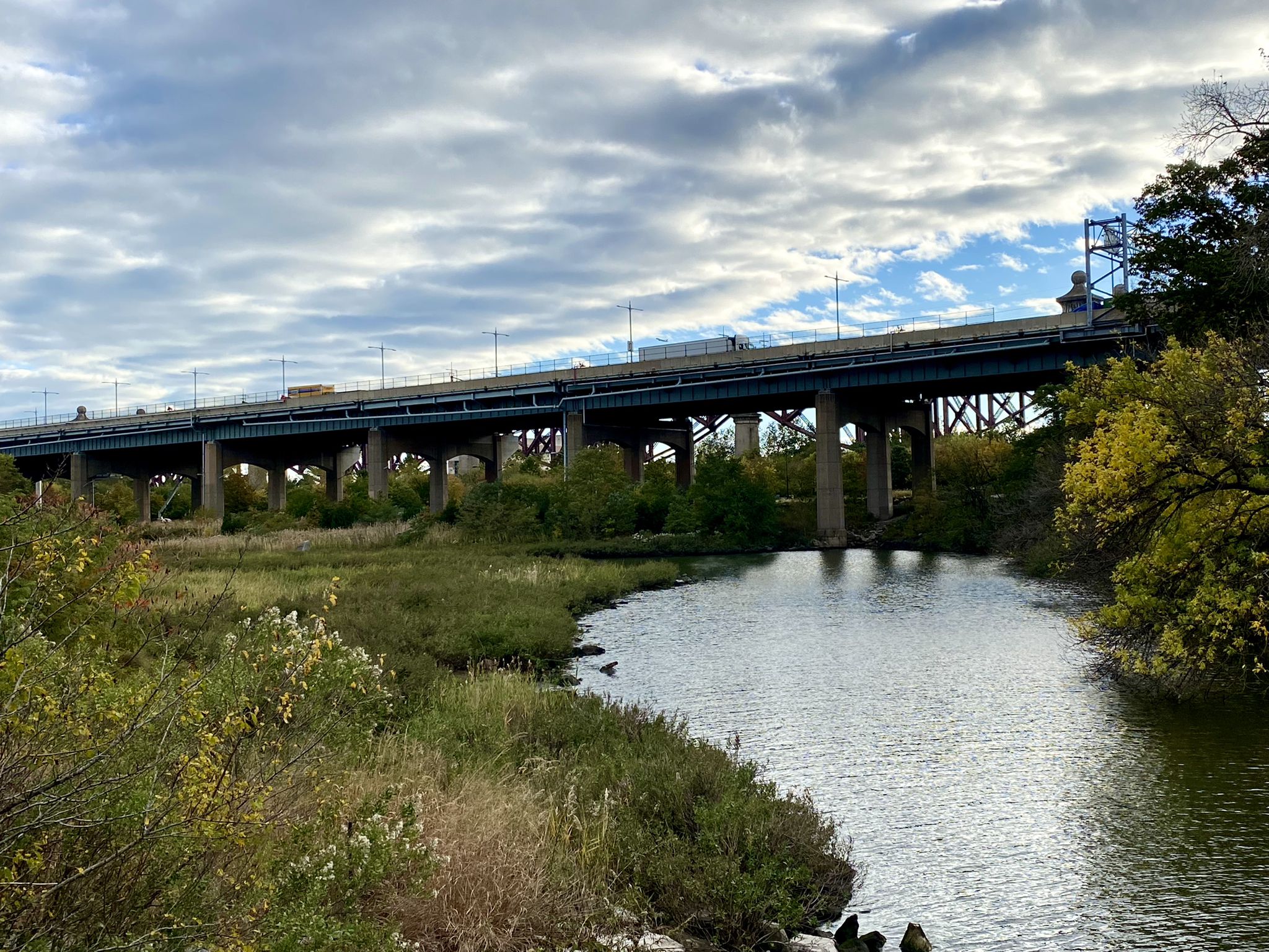 Large bridge spans a narrow river with marshy banks under cloudy skies. - Randall's Island Loop