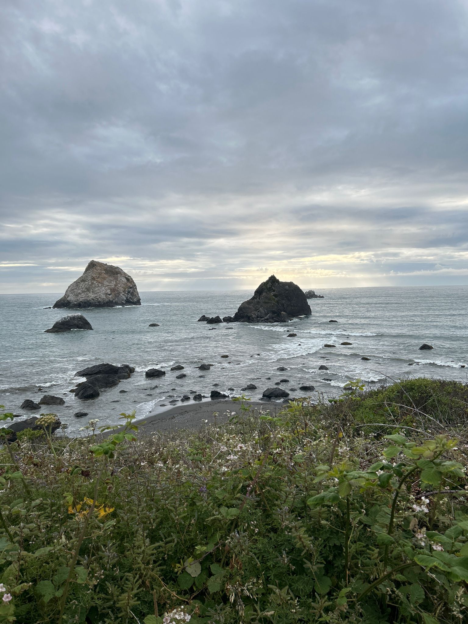 Rocky coastline with sea stacks in the ocean under a cloudy sky. - Yurok Loop Trail