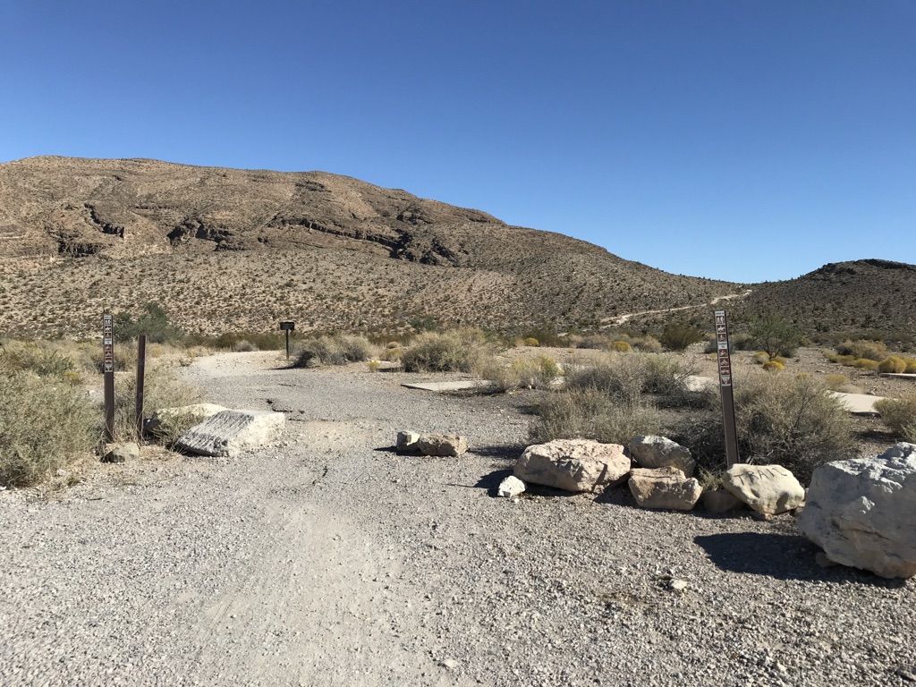 Dirt path with rocks and trail signs leads into a desert landscape. - Blue Diamond loop from Blue Diamond