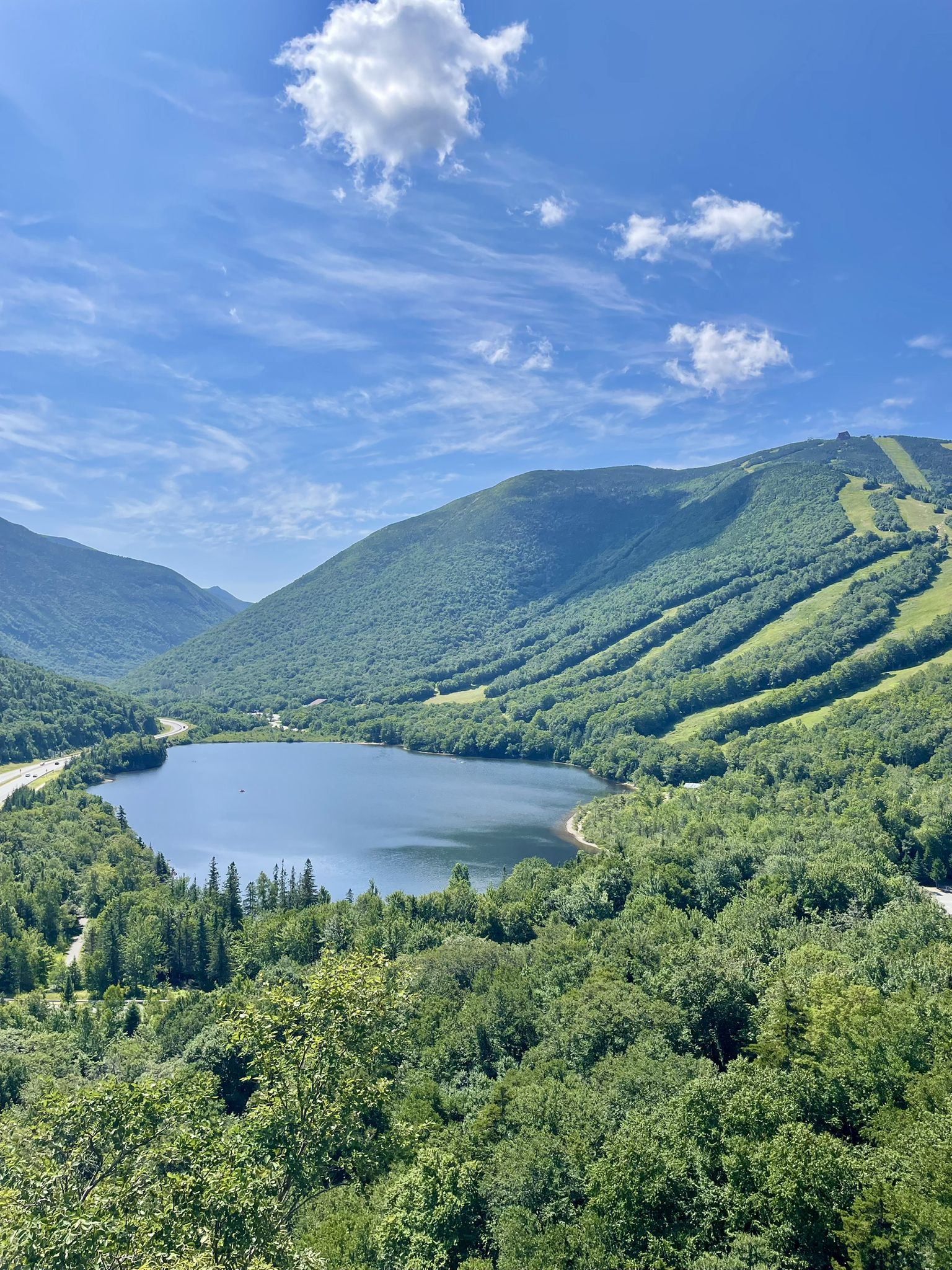 A blue lake surrounded by green mountains with ski slopes under a sunny sky. - Bald Mountain and Artist's Bluff Loop