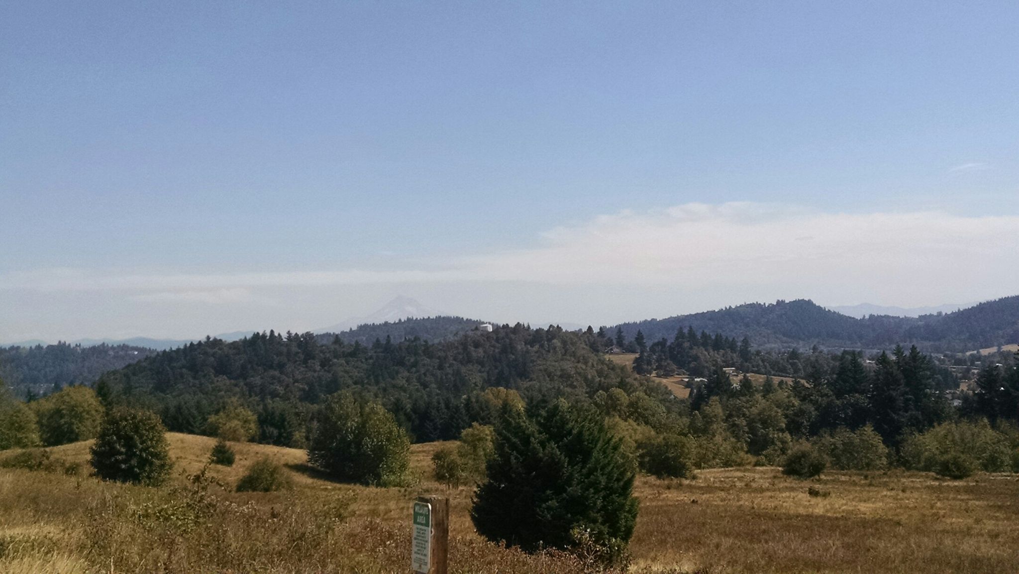 Rolling forested hills and a hazy distant mountain under a clear blue sky. - Loop Trail – Powell Butte Nature Park