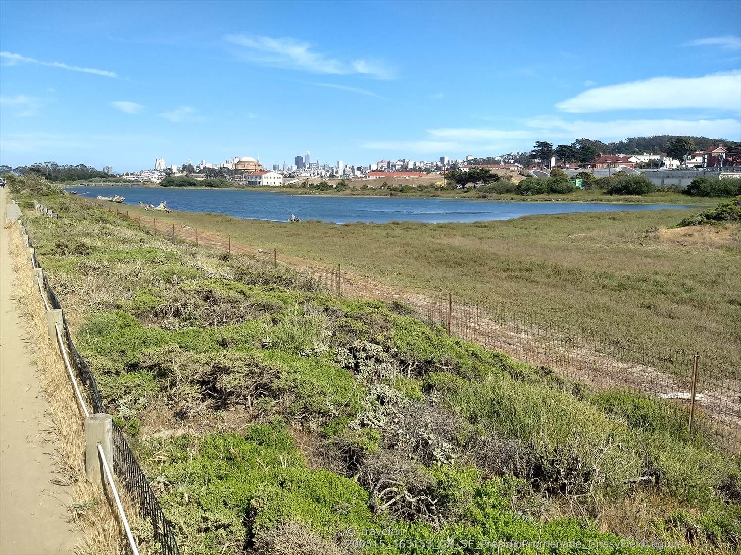 Wide view of a calm body of water next to a grassy field and distant city. - Fort Point – Marina Yacht harbor ⛵ loop from San Francisco Maritime National Historical Park