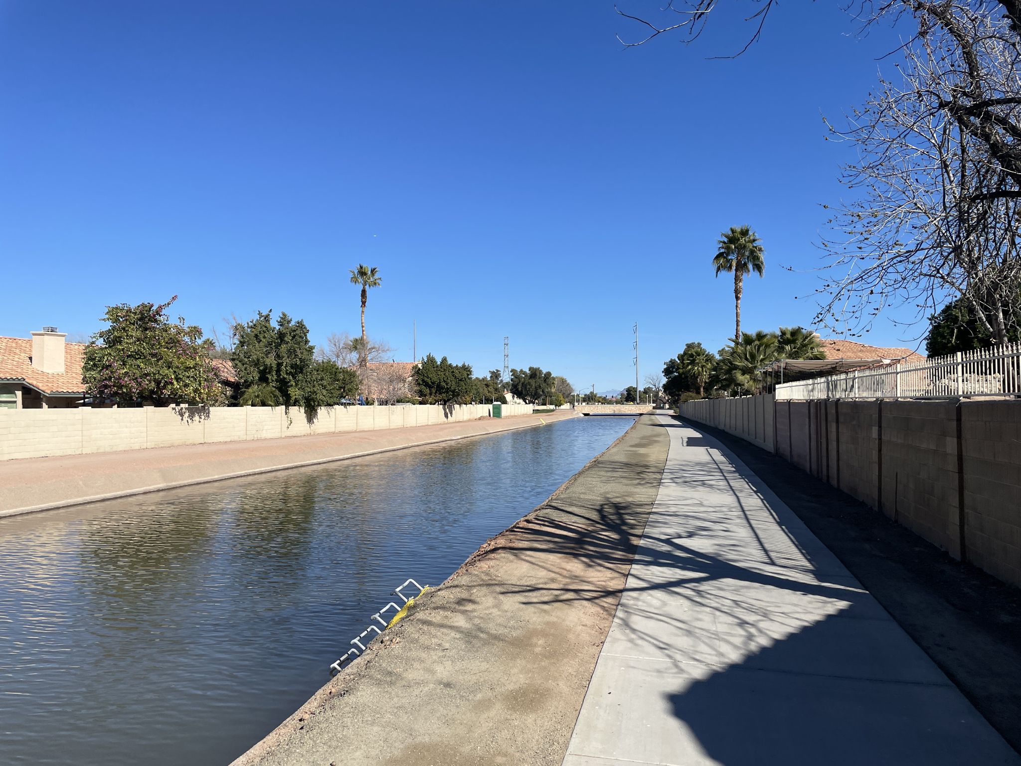 A canal with a concrete path, houses, and palm trees under a blue sky. - Maricopa Trail and Chandler Paseo Trail Loop