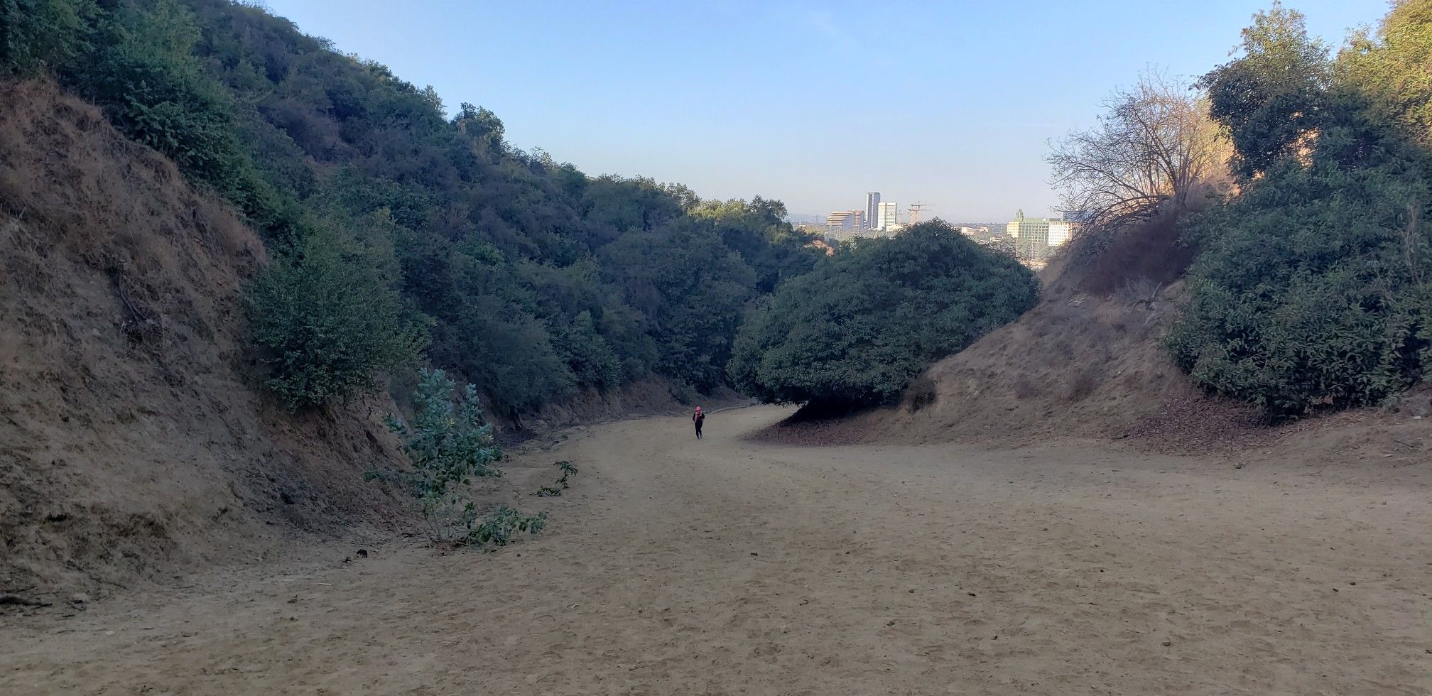 A person walks on a wide, dry dirt path between brush-covered hills. - Railway yard with steam trains – Griffith Park Drive loop from Roy E. Disney - Feature Animation Building