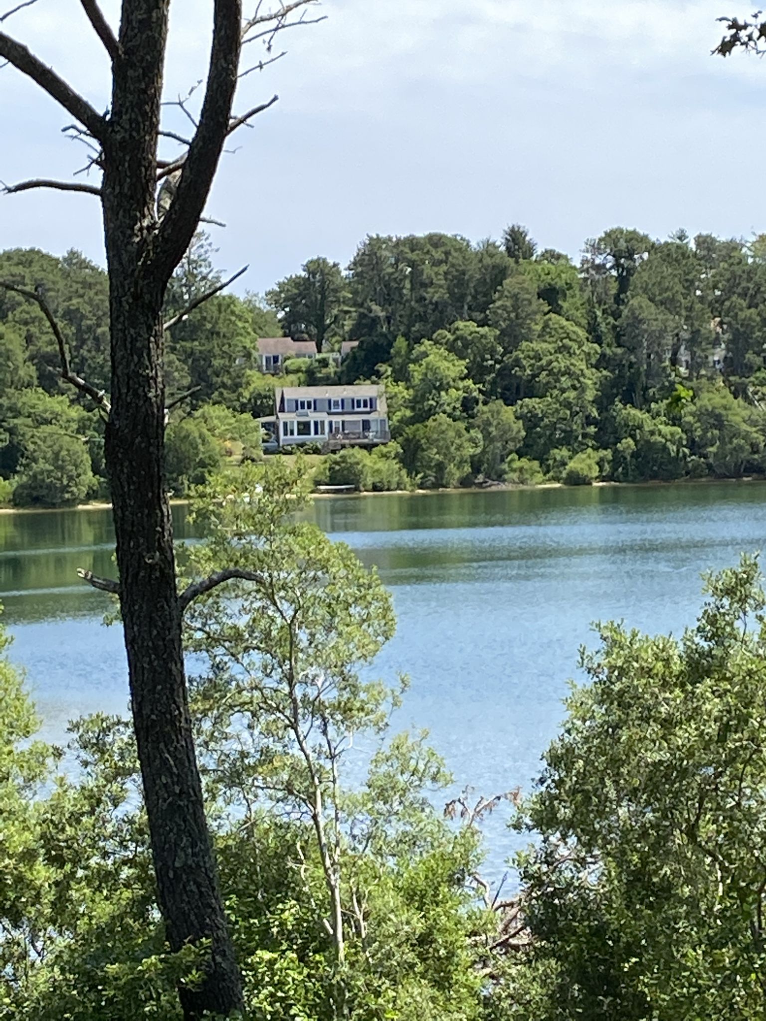 Expansive lake with a distant house nestled among green trees. - Chatham Light Beach – Downtown Chatham loop from Harwich