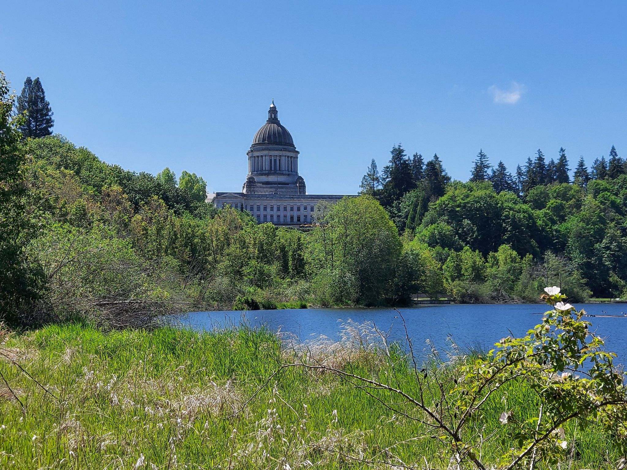 A grand domed building overlooks a lake surrounded by lush green trees on a bright day. - Hiking loop from Olympia