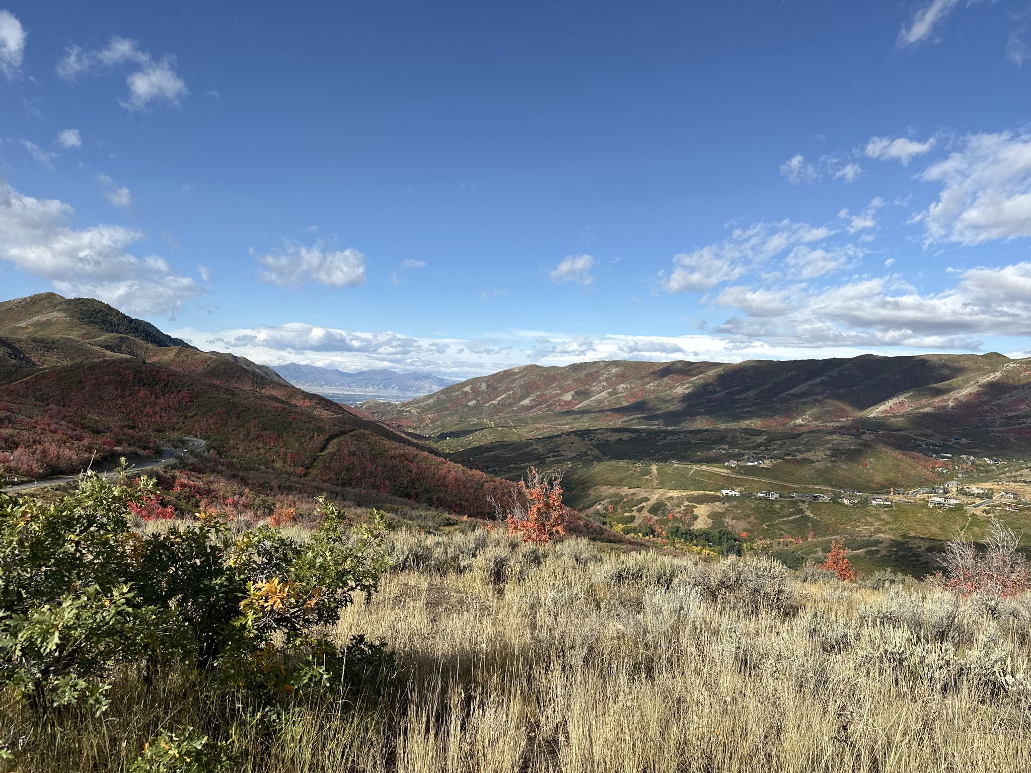 Sunny mountain landscape with autumn foliage and a distant valley. - Little Mountain Ridge Trail