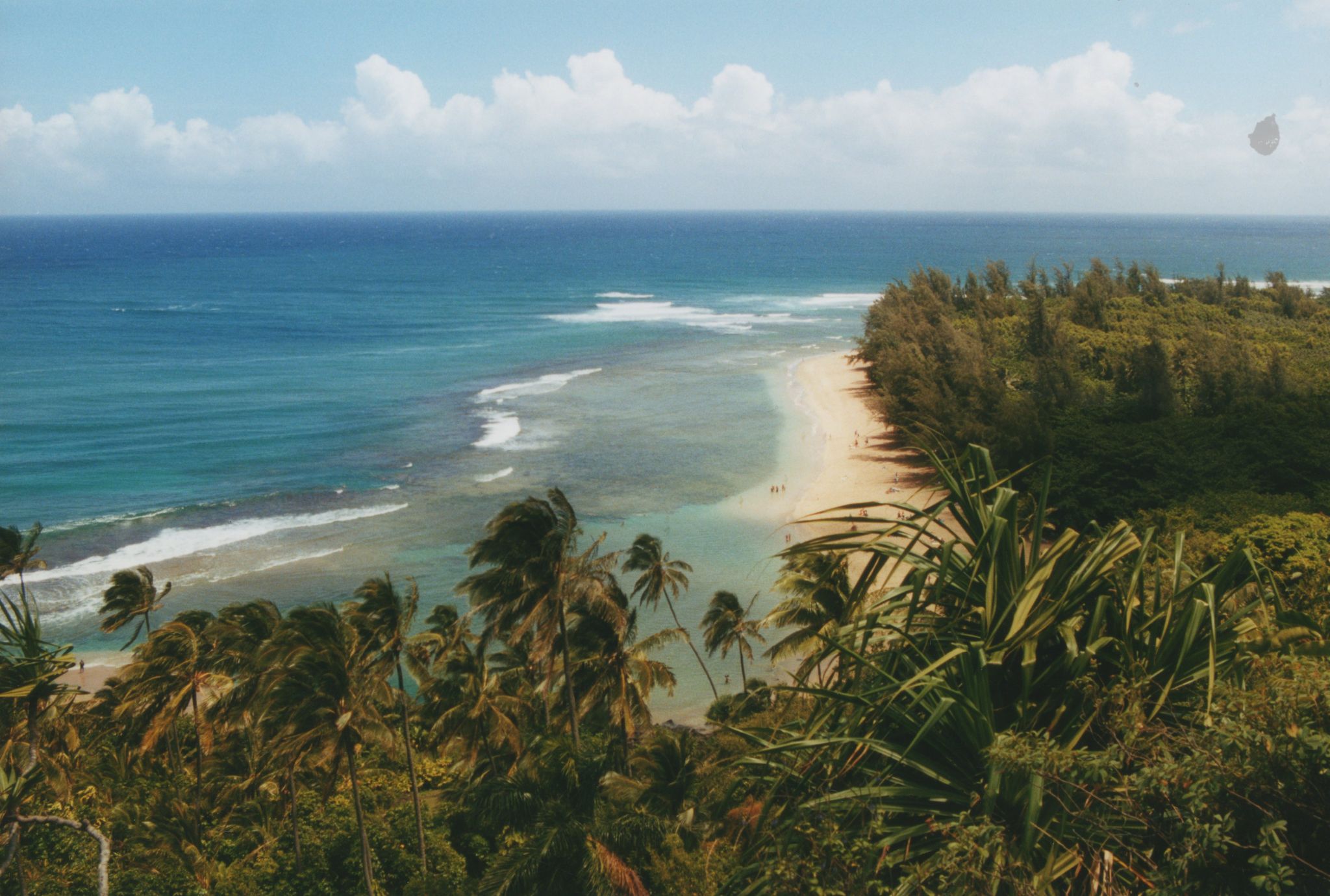 Aerial view of a tropical beach with blue ocean and lush green trees. - Ka‘īlio Point to Hanalei Pier