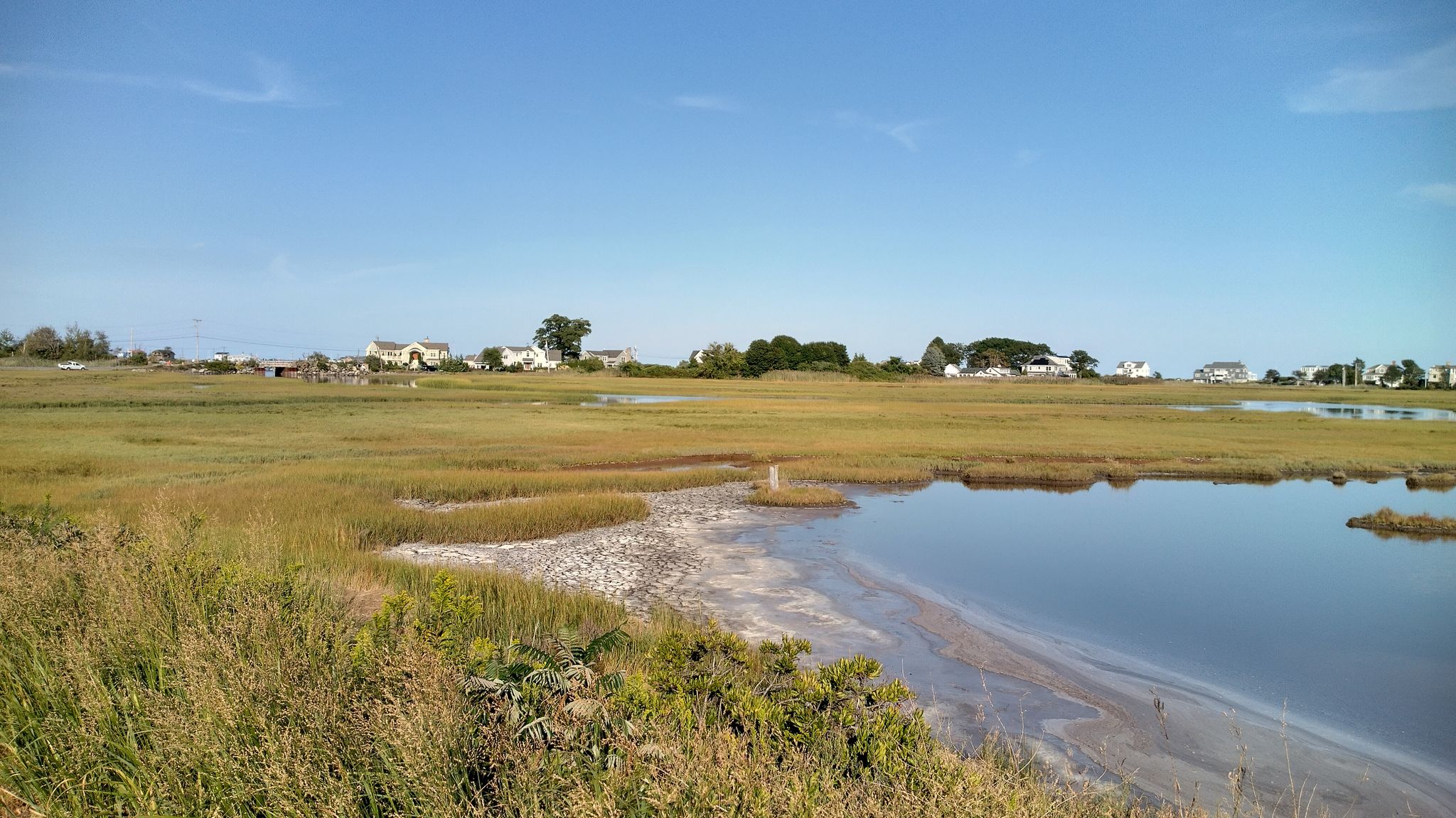 Expansive marshland with calm water and distant houses under a blue sky. - East Coast Greenway: Portsmouth Coastal Loop