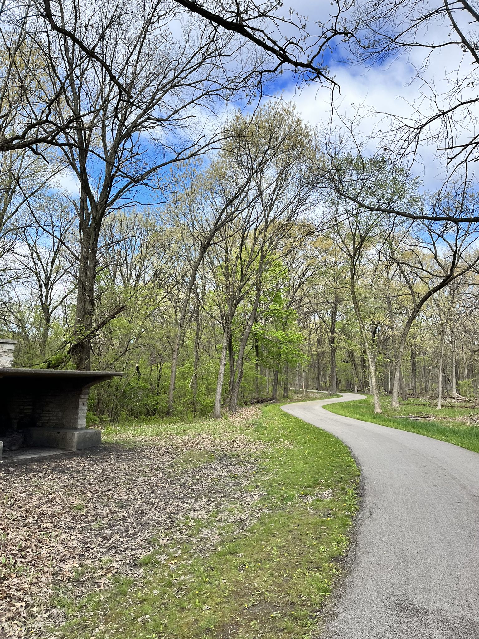 Paved path curving into a forest, with a stone structure nearby. - Salt Creek Greenway Trail