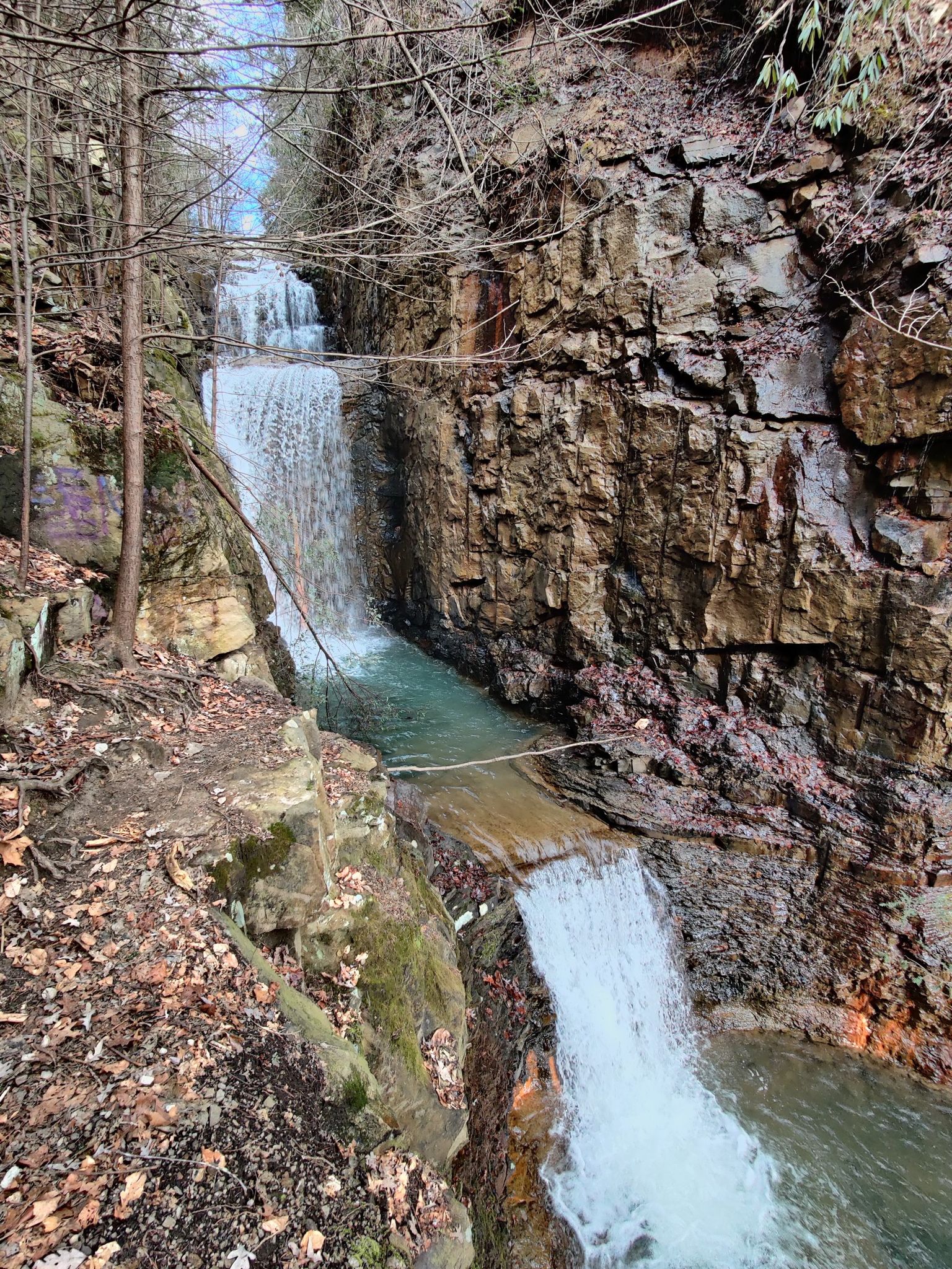 A multi-level waterfall flows through a rocky, wooded gorge under natural light. - Triple Falls Trail on Bruce Creek
