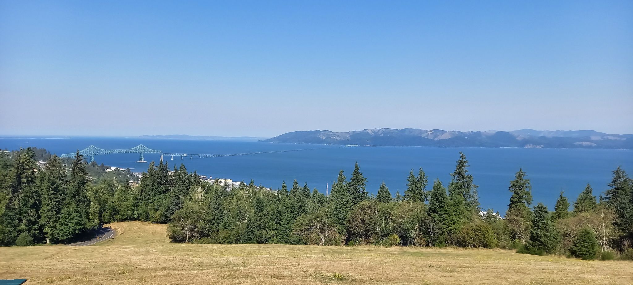 Panoramic view of a wide bay, distant mountains, and evergreen trees under clear sky. - Cathedral Tree Trail – Cathedral Tree loop from Astoria